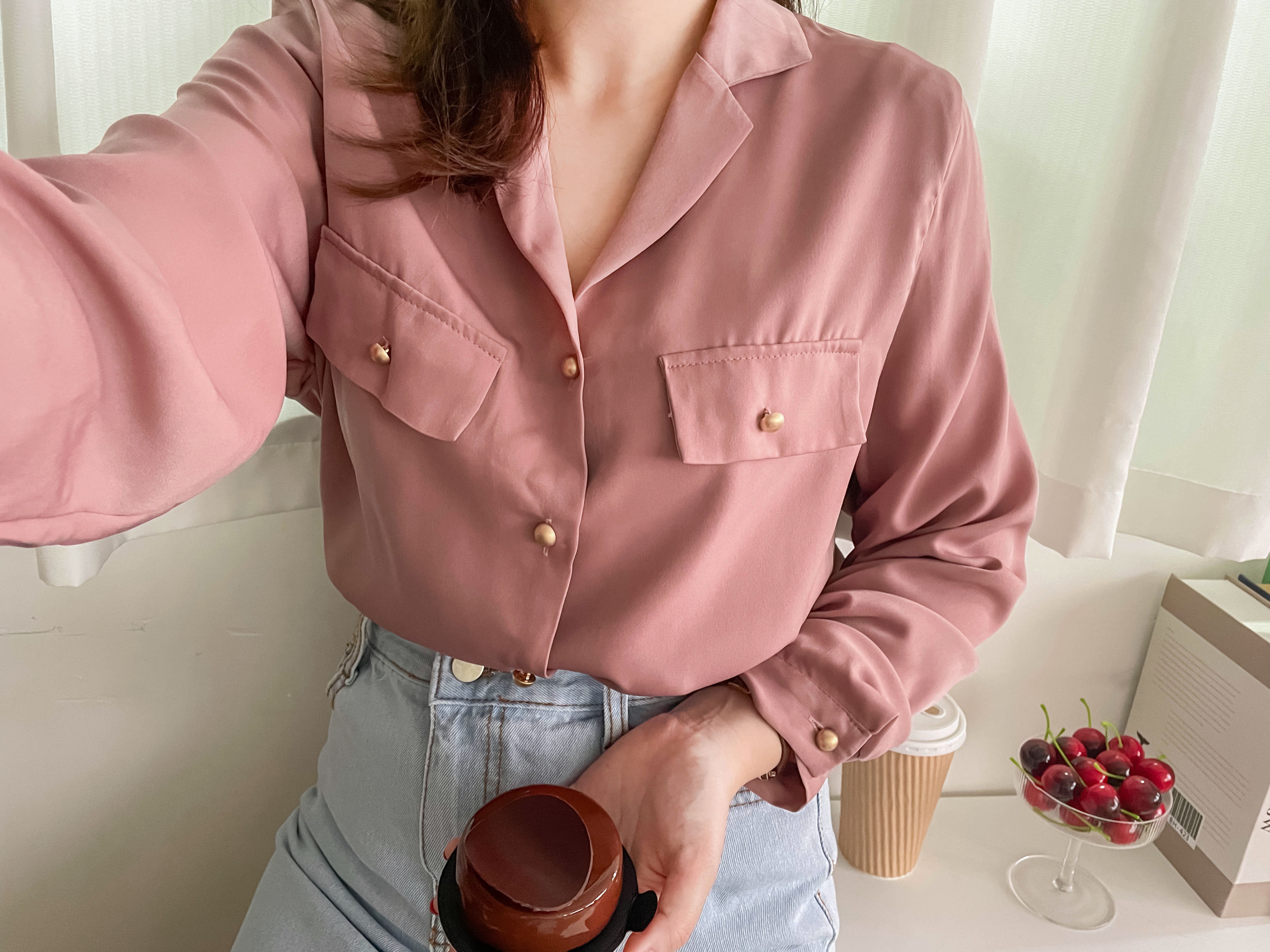 Champagne 復古氣質翻領香檳光澤銅鈕, Blouse/ BU8974 (香檳ROSE Palevioletred sold out)