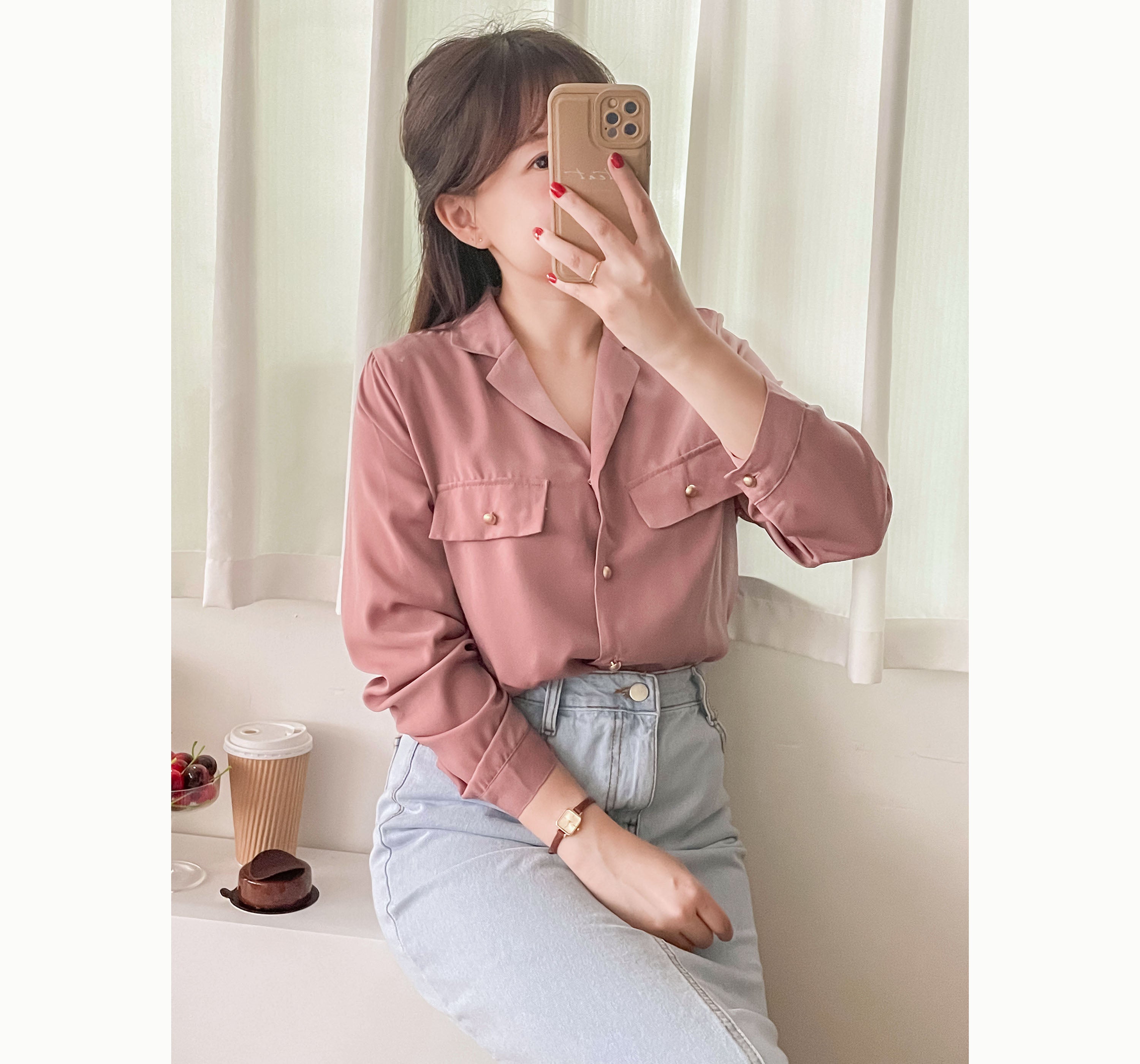 Champagne 復古氣質翻領香檳光澤銅鈕, Blouse/ BU8974 (香檳ROSE Palevioletred sold out)