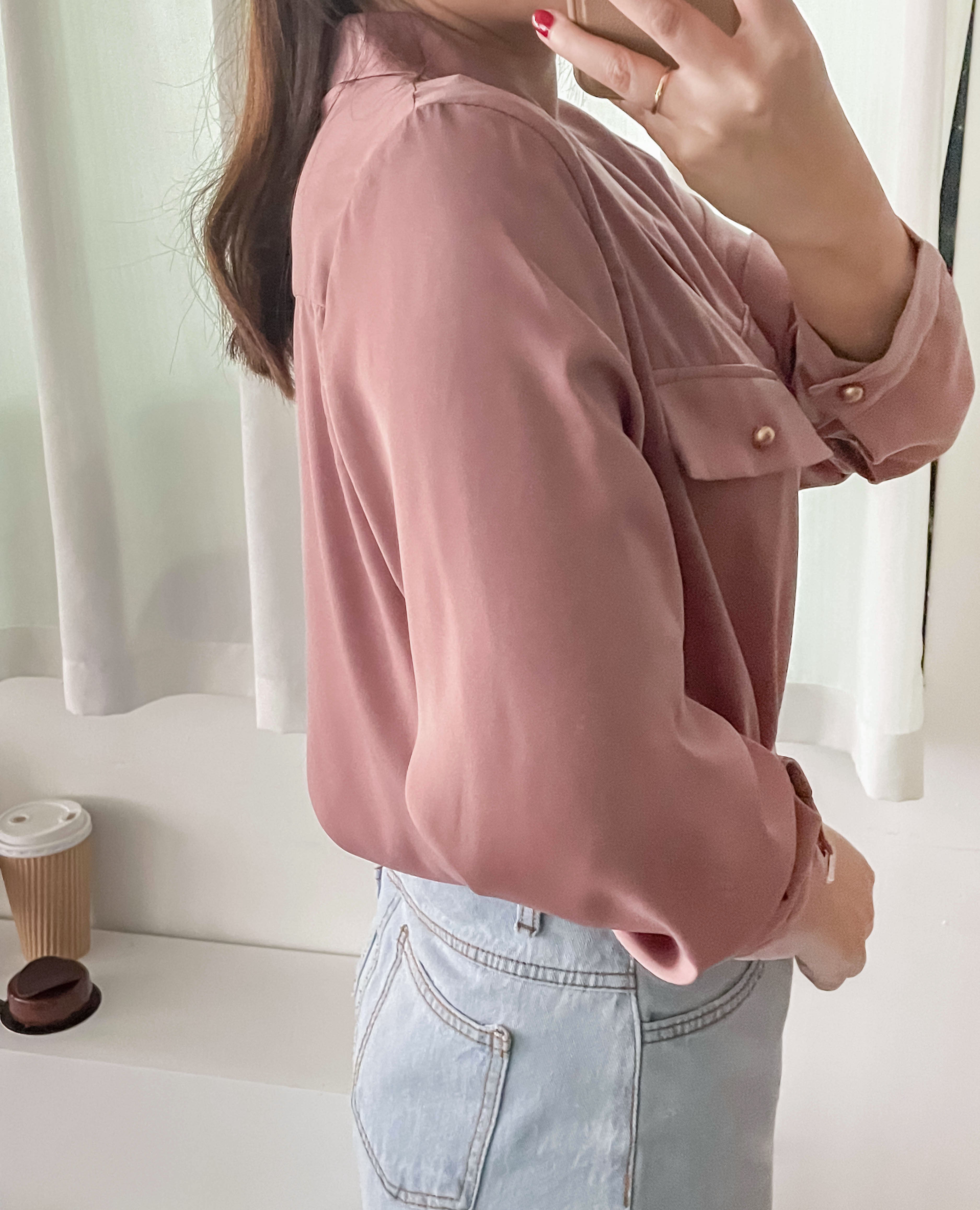 Champagne 復古氣質翻領香檳光澤銅鈕, Blouse/ BU8974 (香檳ROSE Palevioletred sold out)
