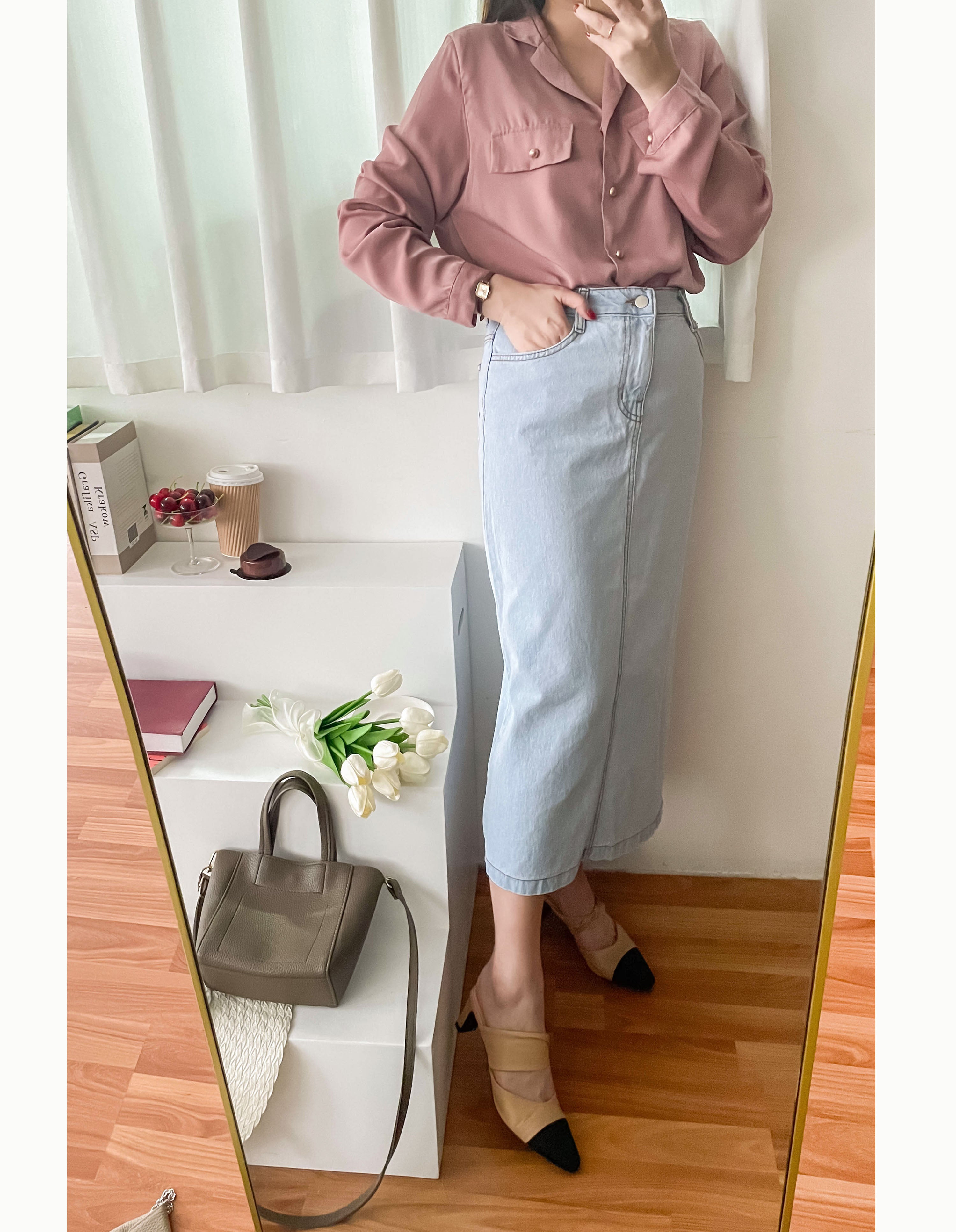 Champagne 復古氣質翻領香檳光澤銅鈕, Blouse/ BU8974 (香檳ROSE Palevioletred sold out)