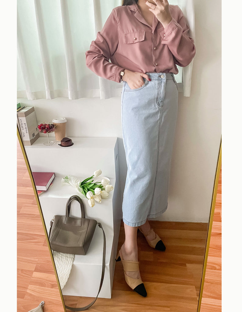 Champagne 復古氣質翻領香檳光澤銅鈕, Blouse/ BU8974 (香檳ROSE Palevioletred sold out)