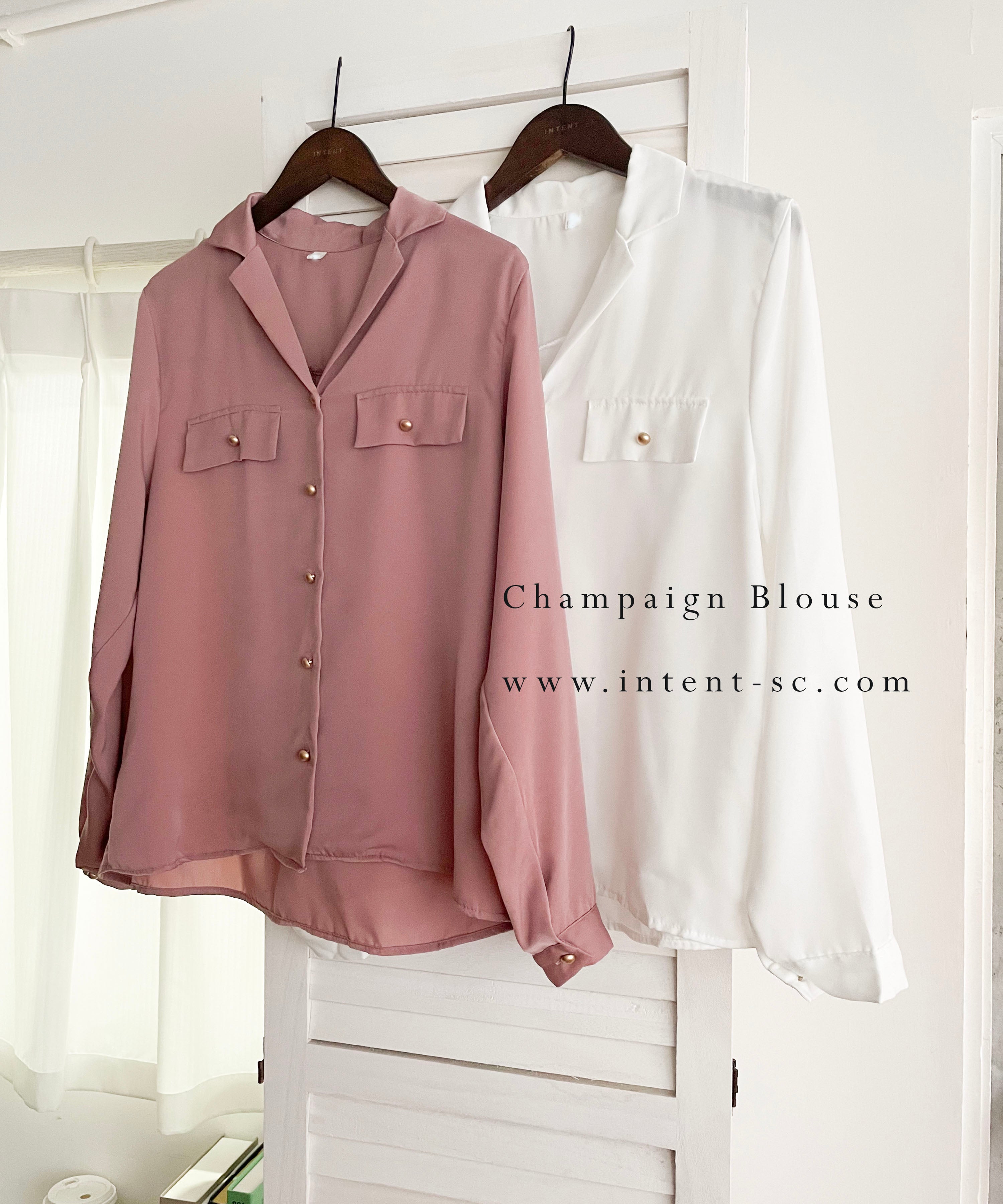 Champagne 復古氣質翻領香檳光澤銅鈕, Blouse/ BU8974 (香檳ROSE Palevioletred sold out)