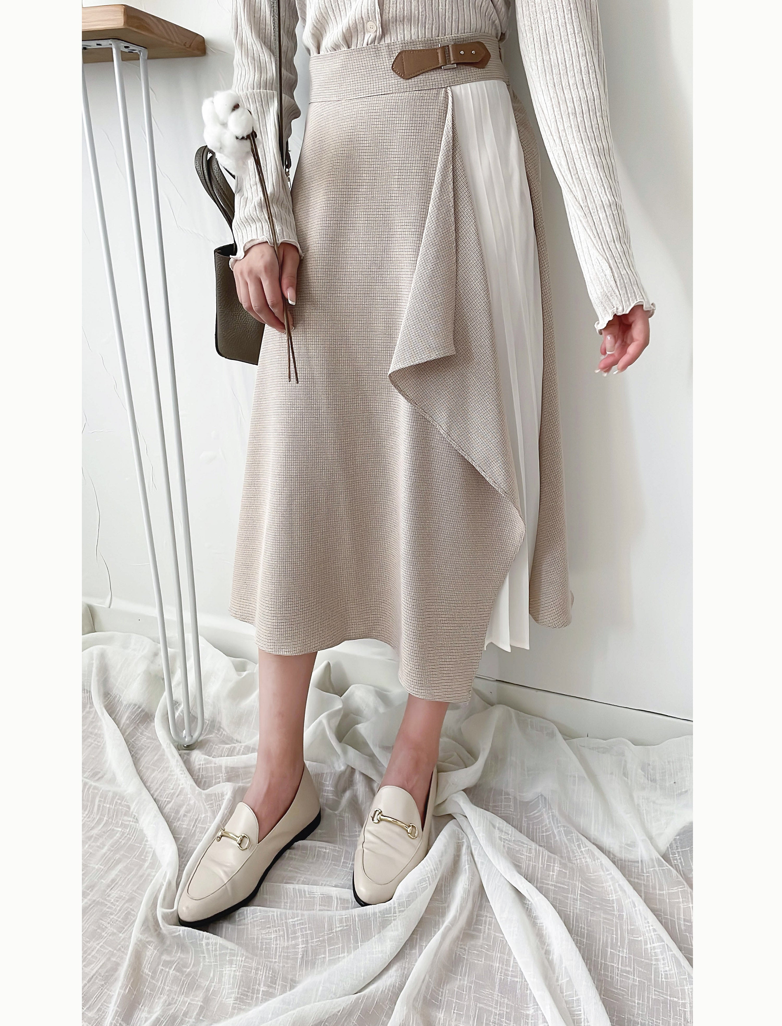 Spliced Chiffon 雪紡飄逸格子拼百褶假側腰帶半身裙, Skirt/ SK8744
