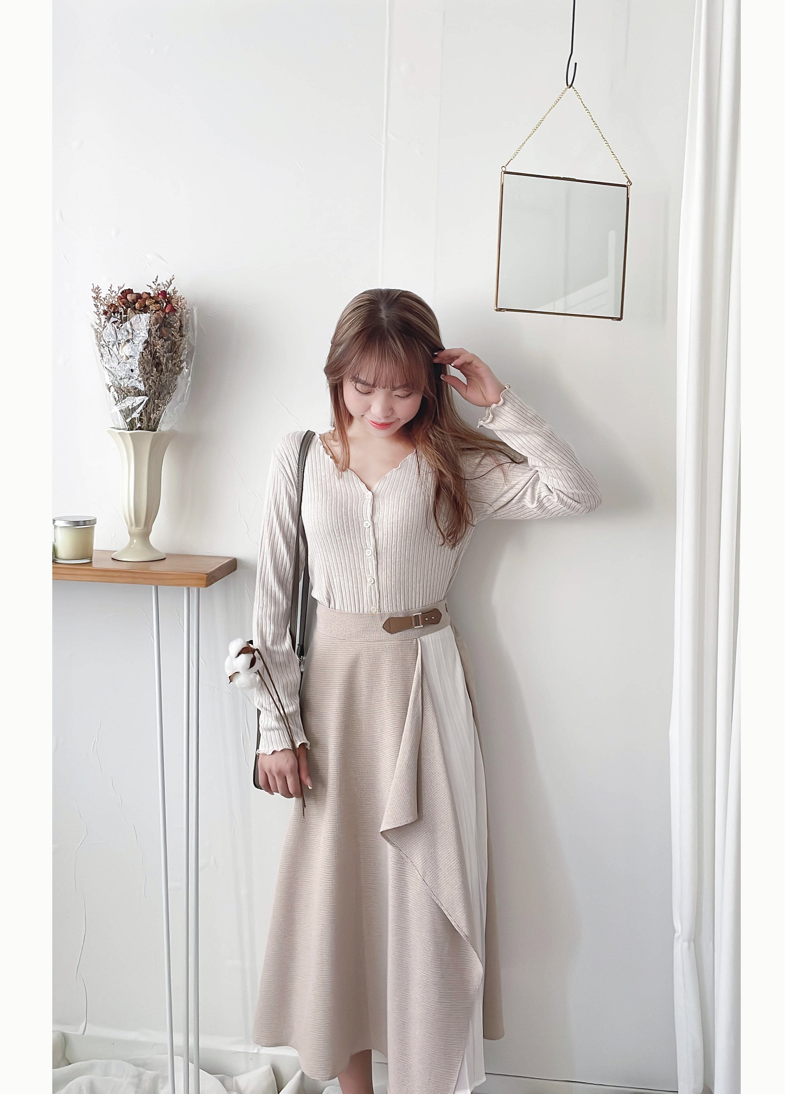 Spliced Chiffon 雪紡飄逸格子拼百褶假側腰帶半身裙, Skirt/ SK8744