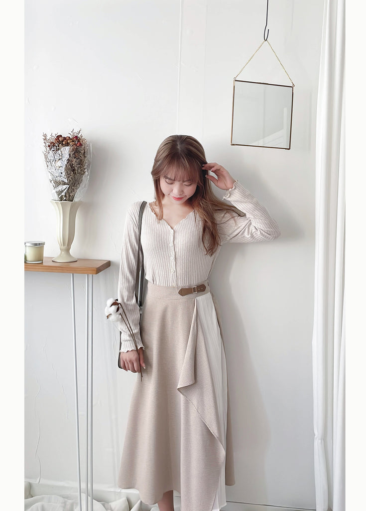 Spliced Chiffon 雪紡飄逸格子拼百褶假側腰帶半身裙, Skirt/ SK8744