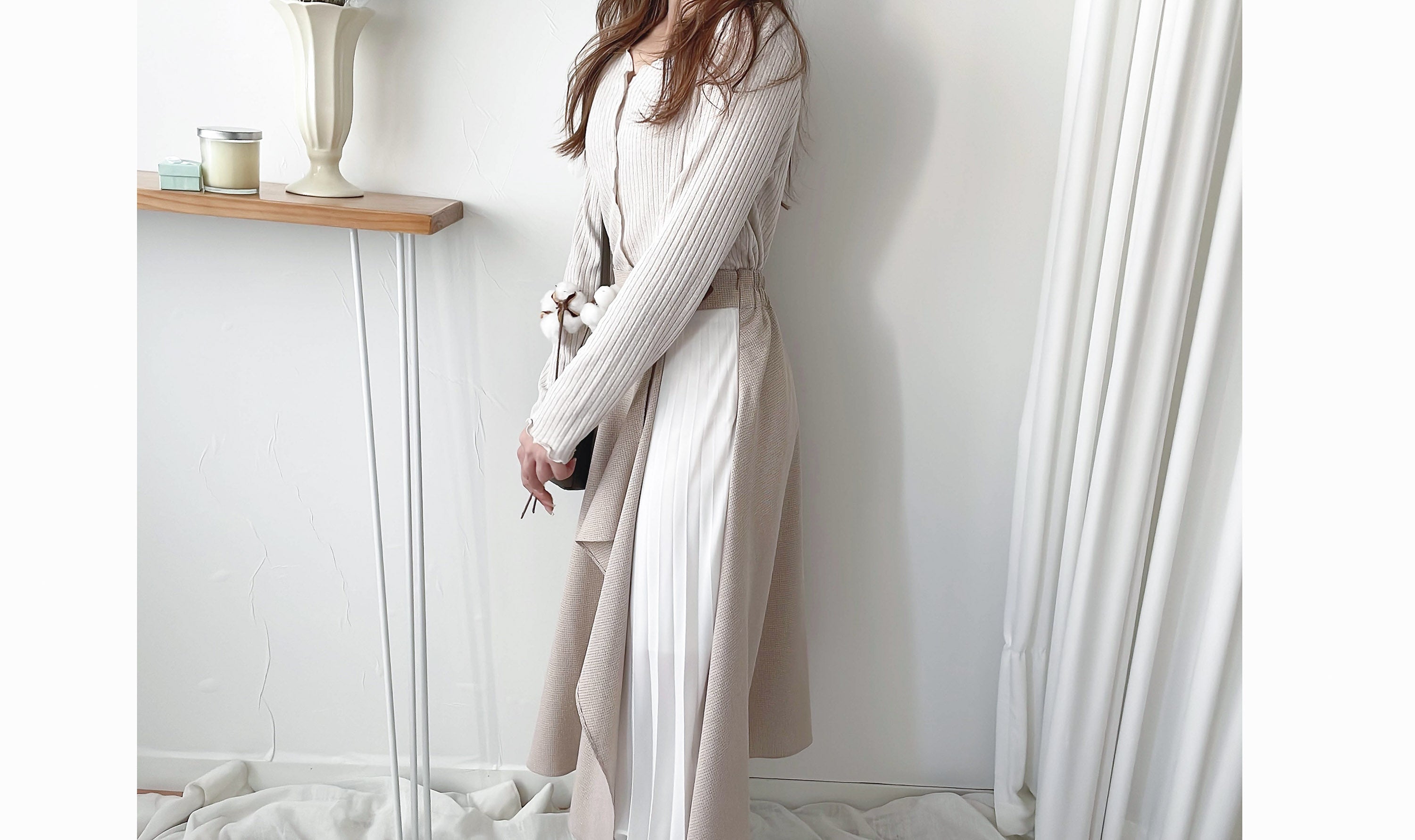 Spliced Chiffon 雪紡飄逸格子拼百褶假側腰帶半身裙, Skirt/ SK8744