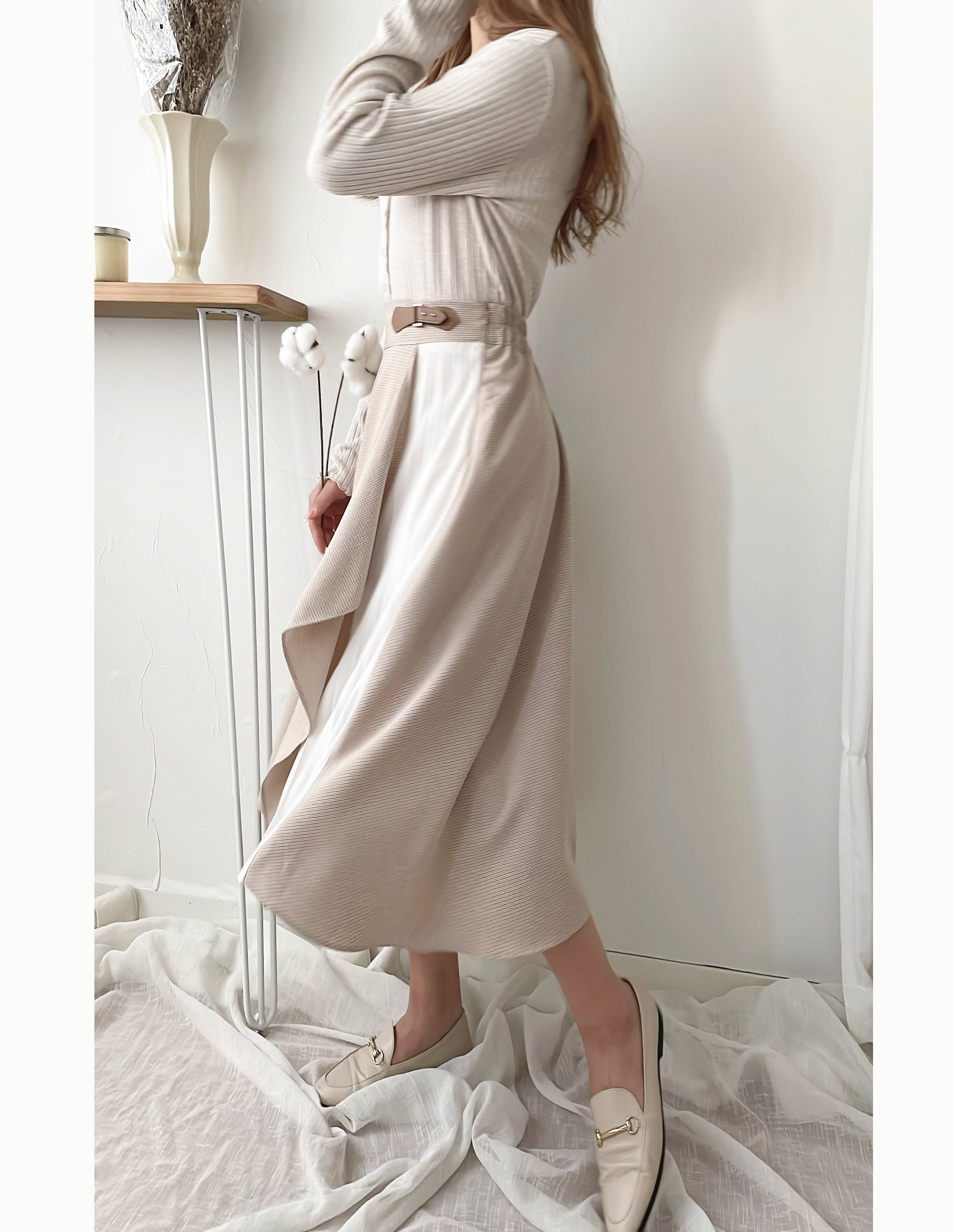 Spliced Chiffon 雪紡飄逸格子拼百褶假側腰帶半身裙, Skirt/ SK8744
