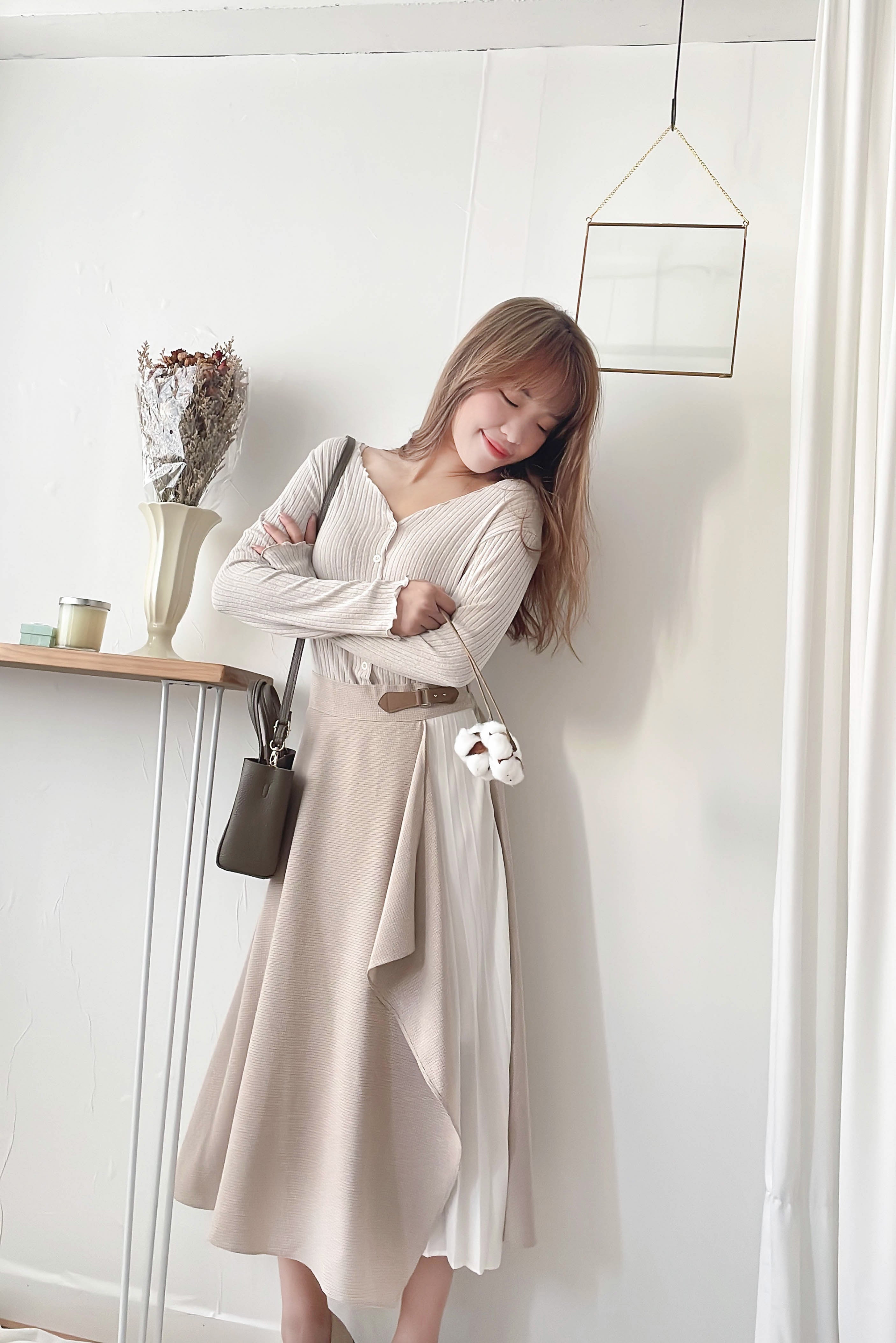 Spliced Chiffon 雪紡飄逸格子拼百褶假側腰帶半身裙, Skirt/ SK8744