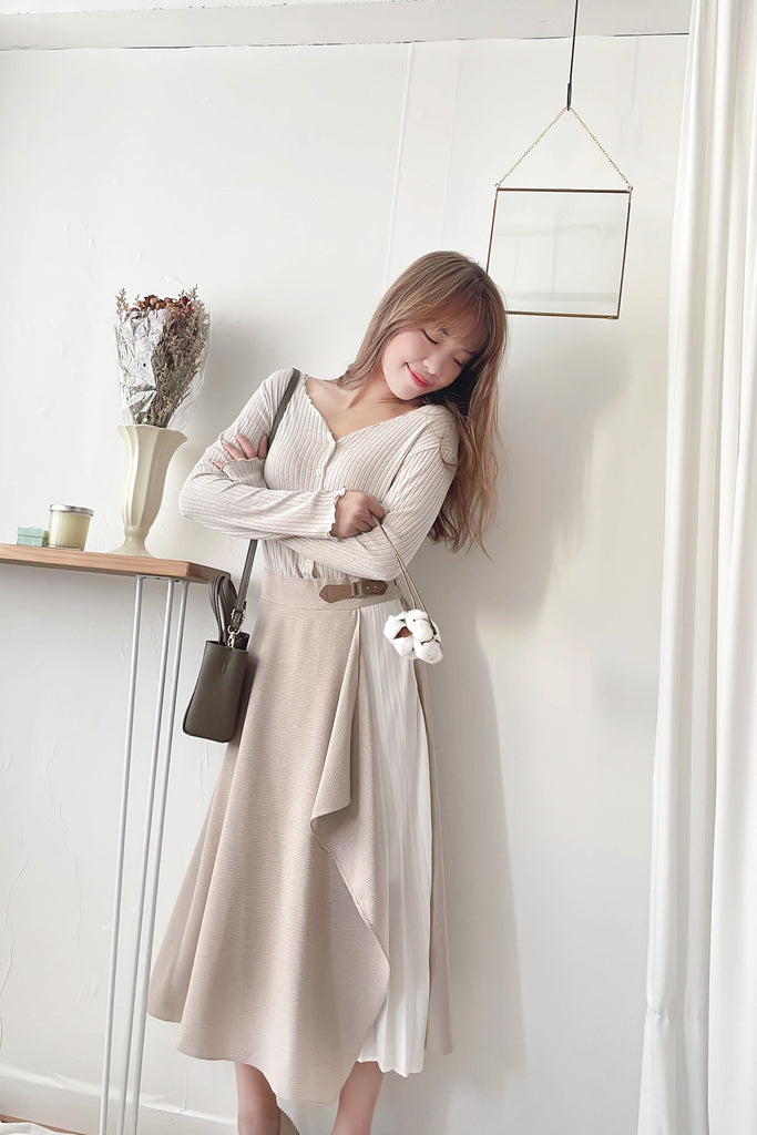 Spliced Chiffon 雪紡飄逸格子拼百褶假側腰帶半身裙, Skirt/ SK8744
