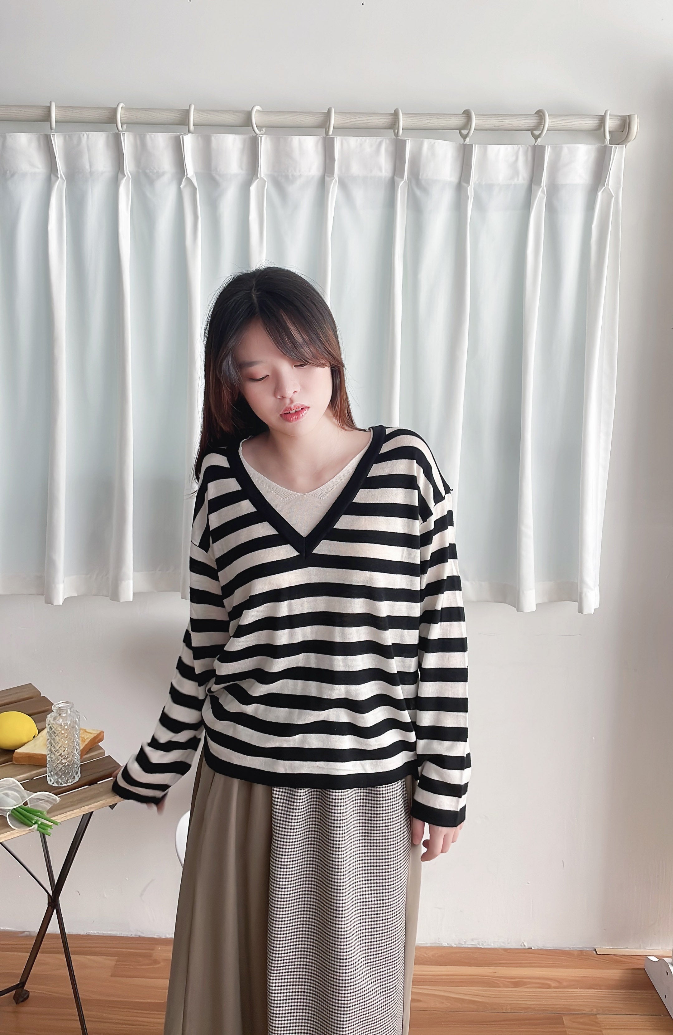 Stripe Layers 舒適慵懶仿兩件層次條紋線料, Top/ TP8896