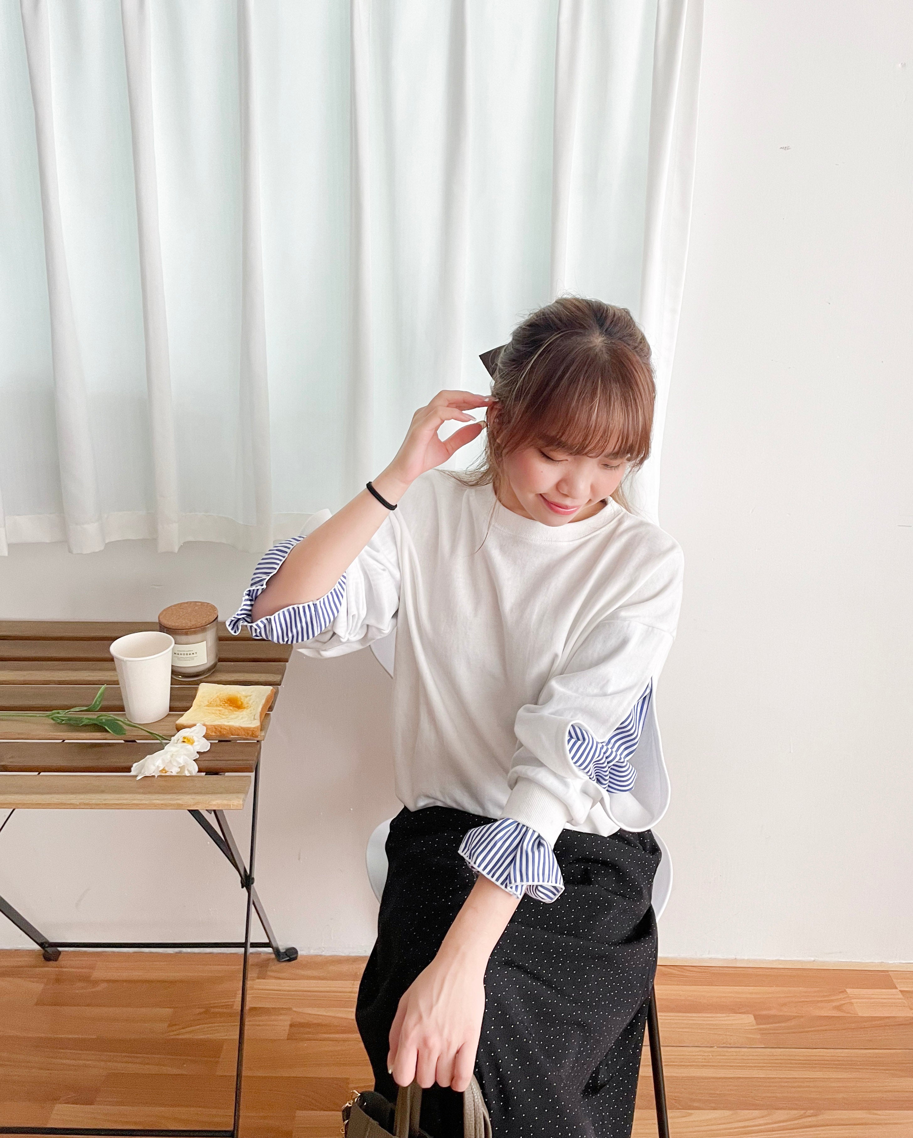 Spliced Sweater 白色開袖口藍白條紋薄衛衣, Top/ TP8903
