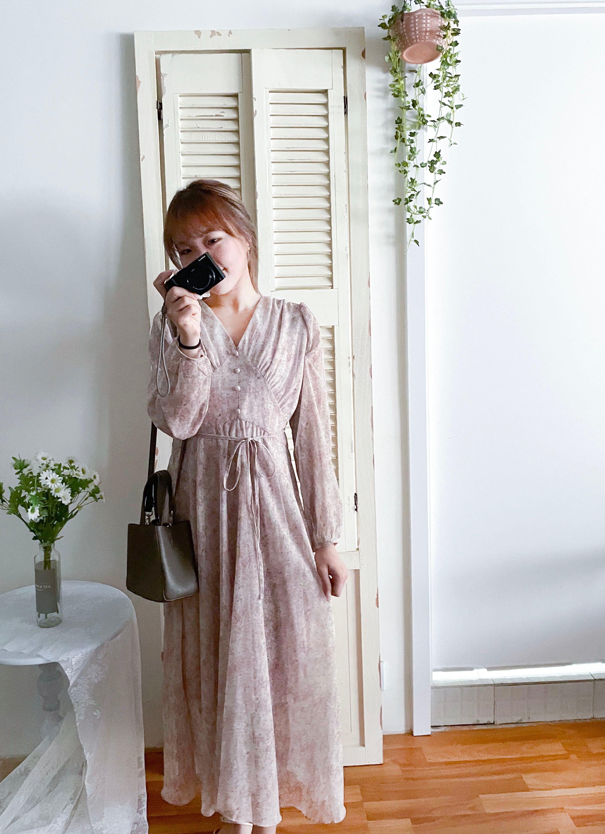 Marble Floral 雲石花花菱格腰間鈕扣後橡筋, Dress/ DS9347