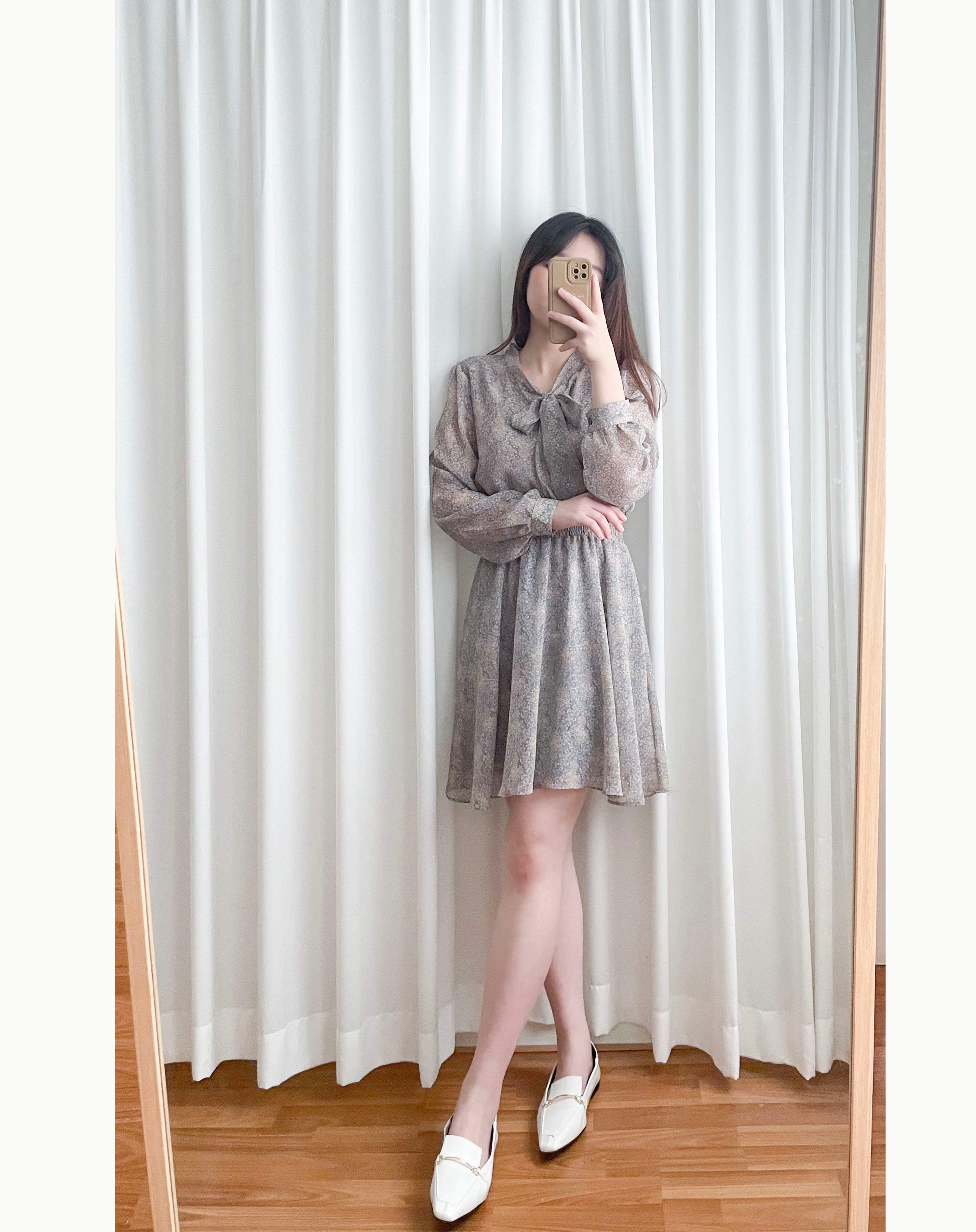 Glass Steelblue 琉璃雕刻印花灰藍氣質雪紡連身裙, Dress/ DS9348