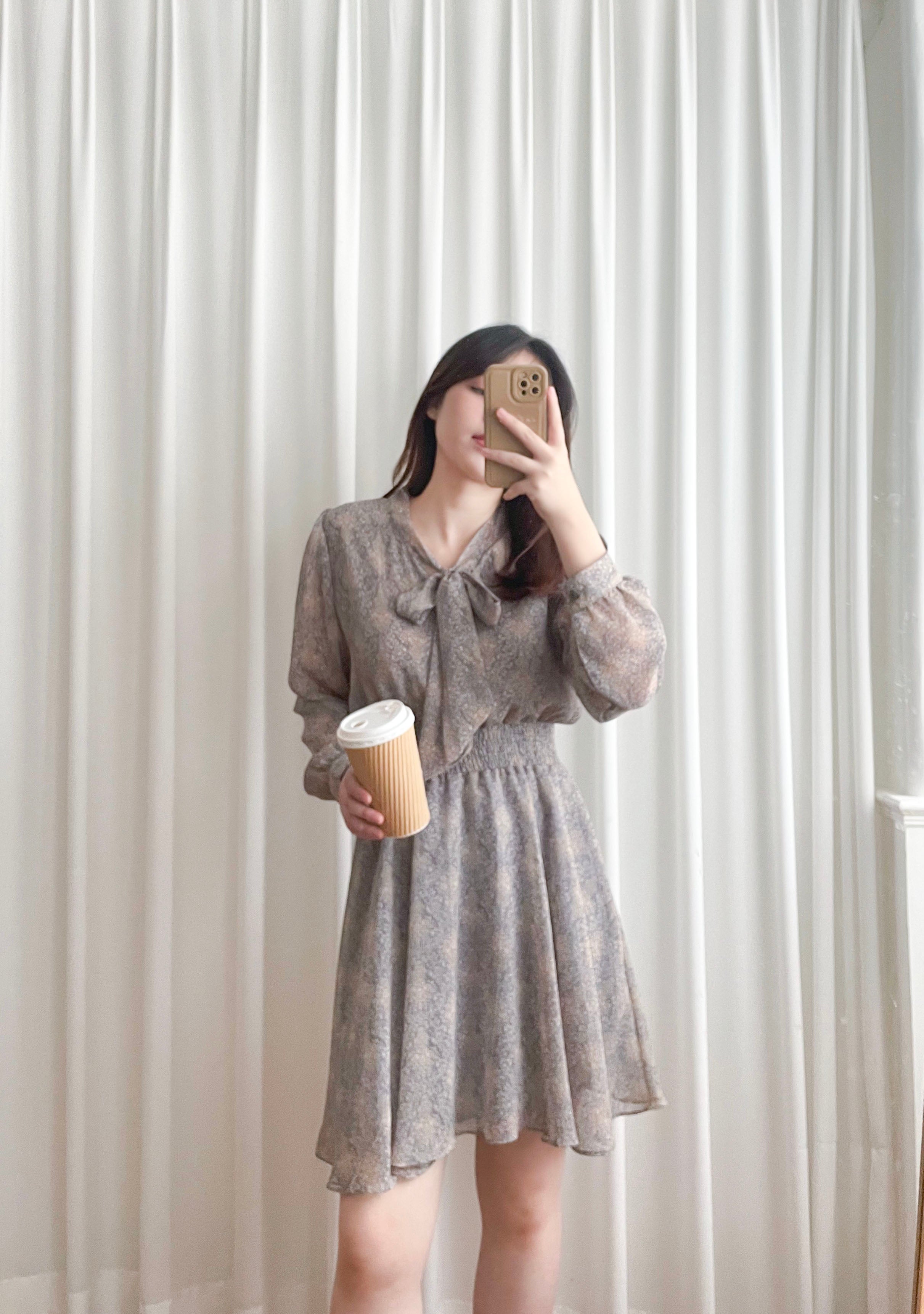 Glass Steelblue 琉璃雕刻印花灰藍氣質雪紡連身裙, Dress/ DS9348
