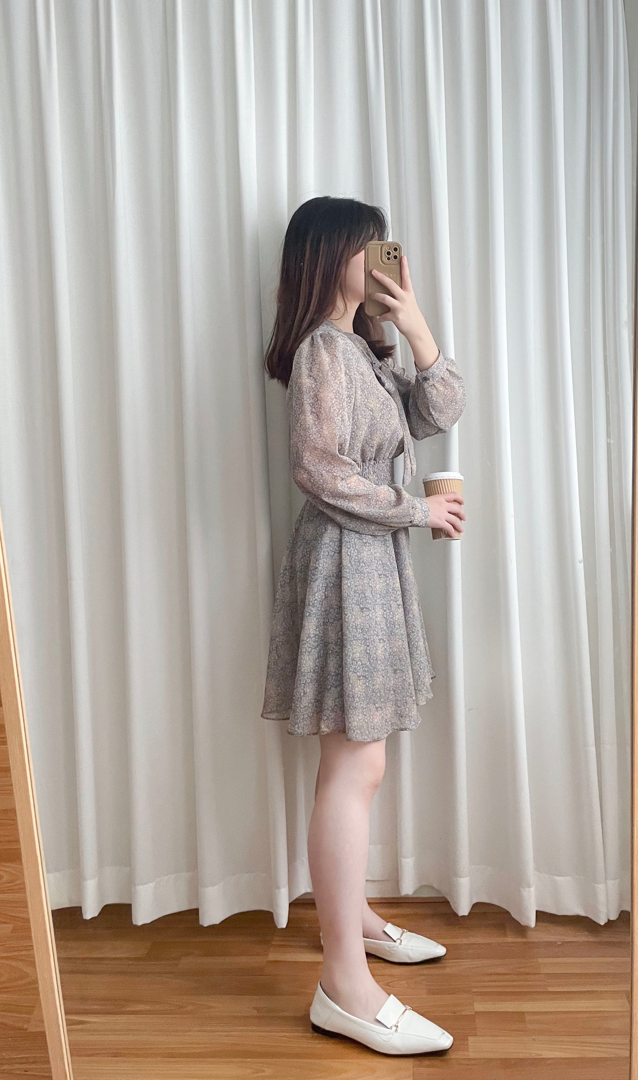 Glass Steelblue 琉璃雕刻印花灰藍氣質雪紡連身裙, Dress/ DS9348