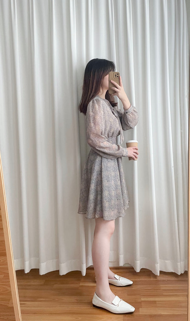 Glass Steelblue 琉璃雕刻印花灰藍氣質雪紡連身裙, Dress/ DS9348