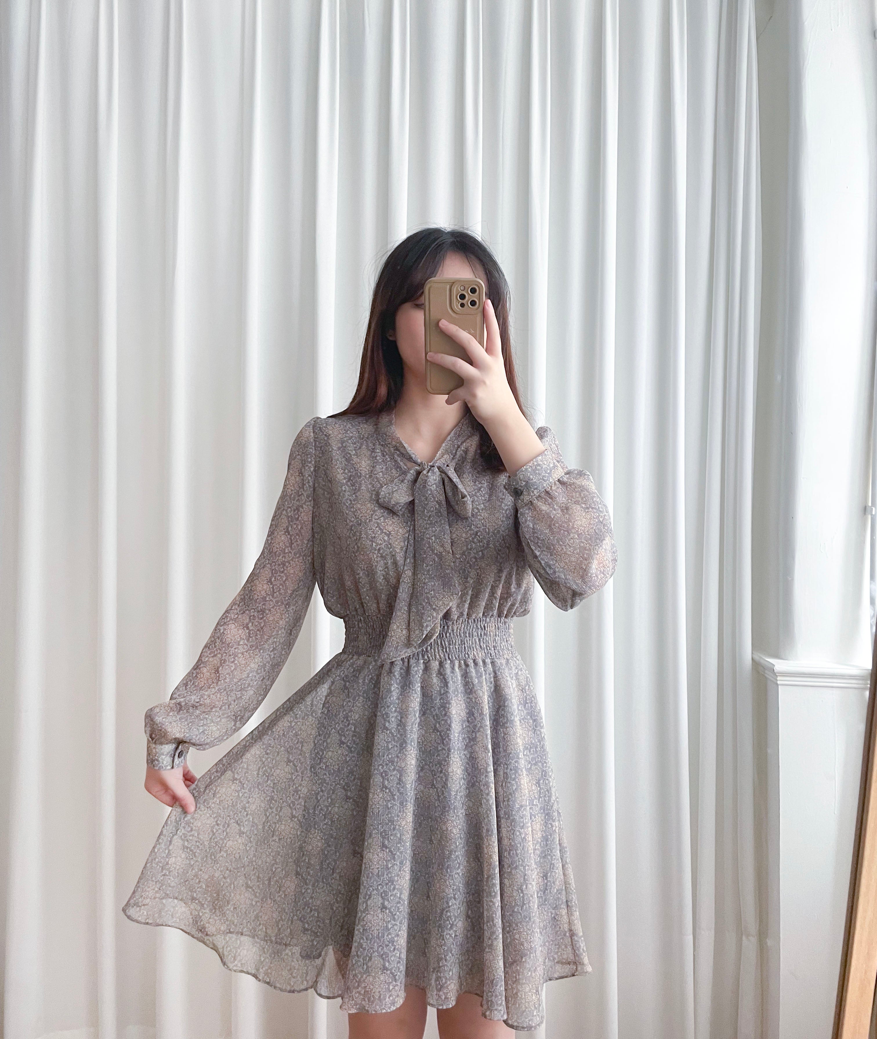 Glass Steelblue 琉璃雕刻印花灰藍氣質雪紡連身裙, Dress/ DS9348