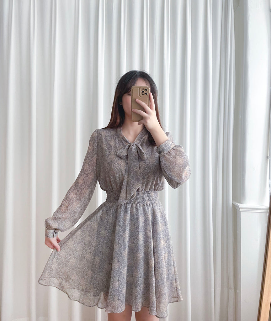 Glass Steelblue 琉璃雕刻印花灰藍氣質雪紡連身裙, Dress/ DS9348