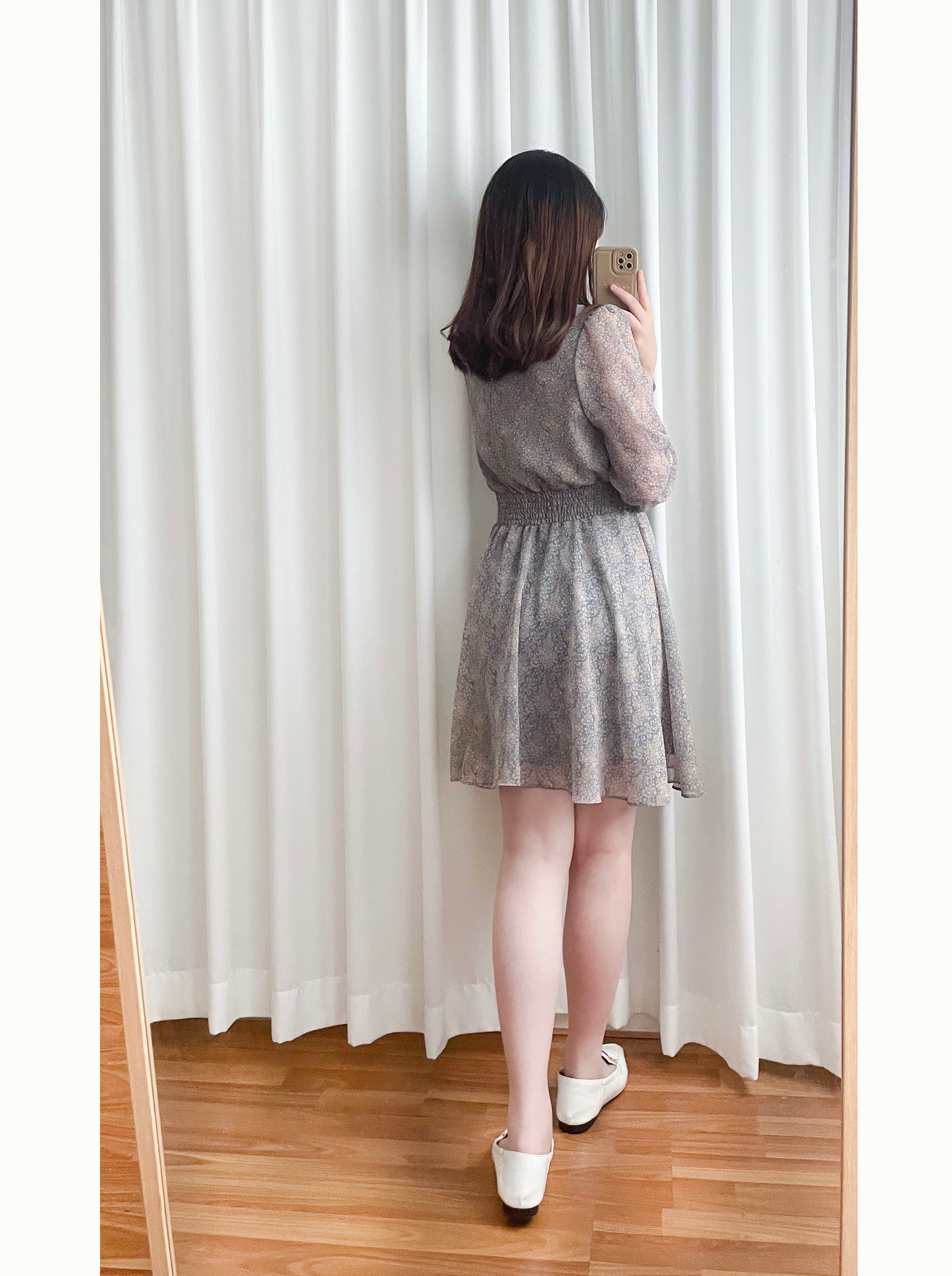 Glass Steelblue 琉璃雕刻印花灰藍氣質雪紡連身裙, Dress/ DS9348