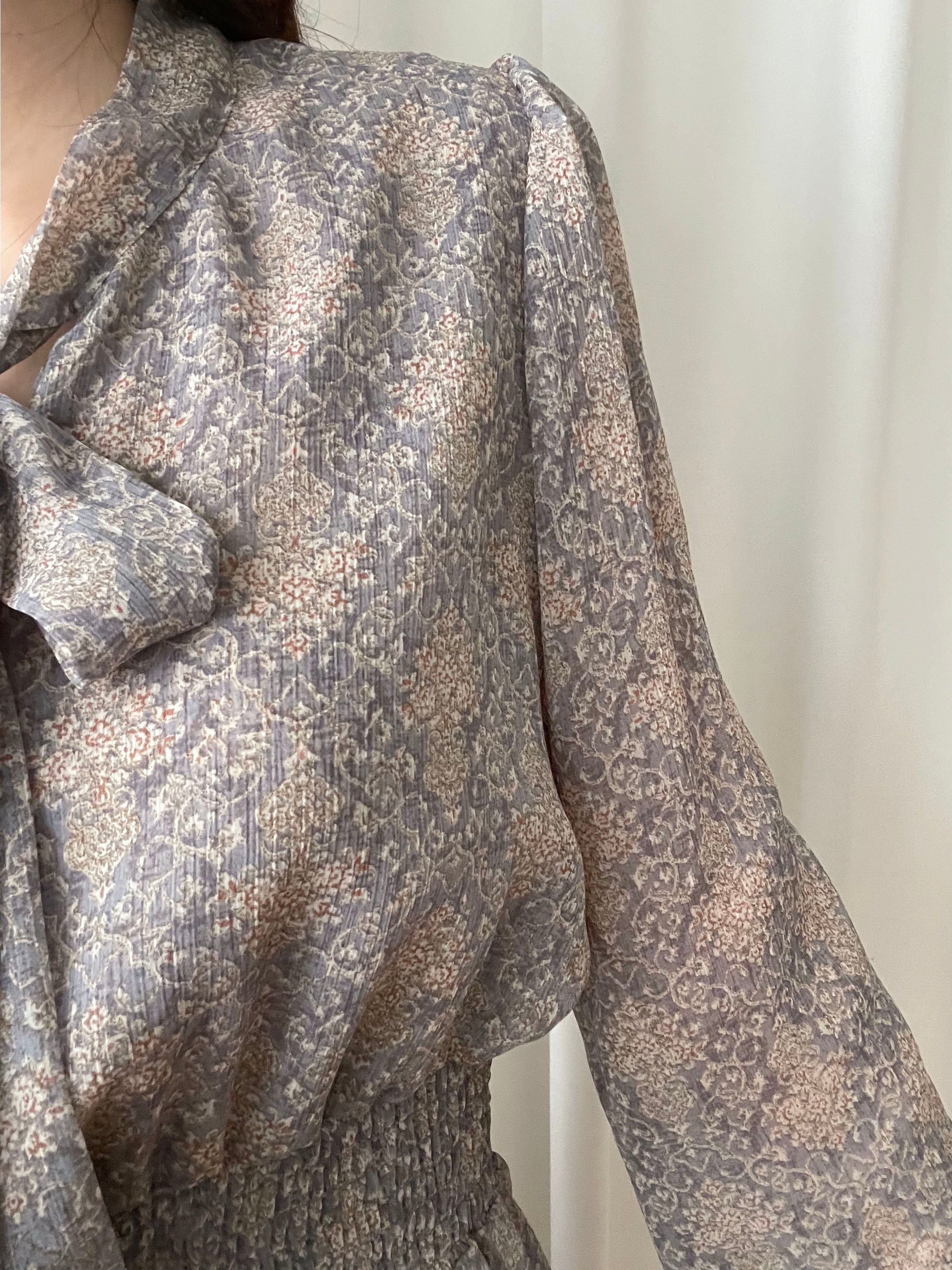 Glass Steelblue 琉璃雕刻印花灰藍氣質雪紡連身裙, Dress/ DS9348