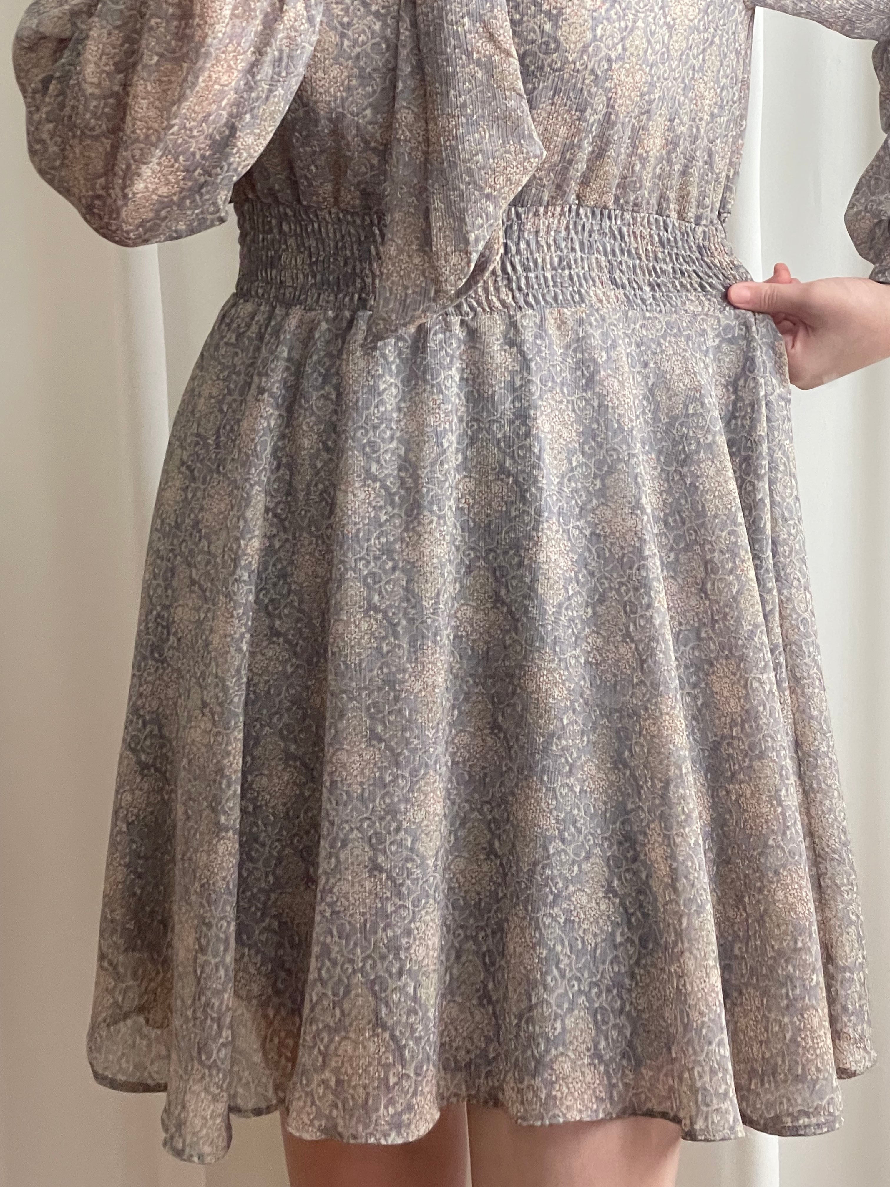 Glass Steelblue 琉璃雕刻印花灰藍氣質雪紡連身裙, Dress/ DS9348