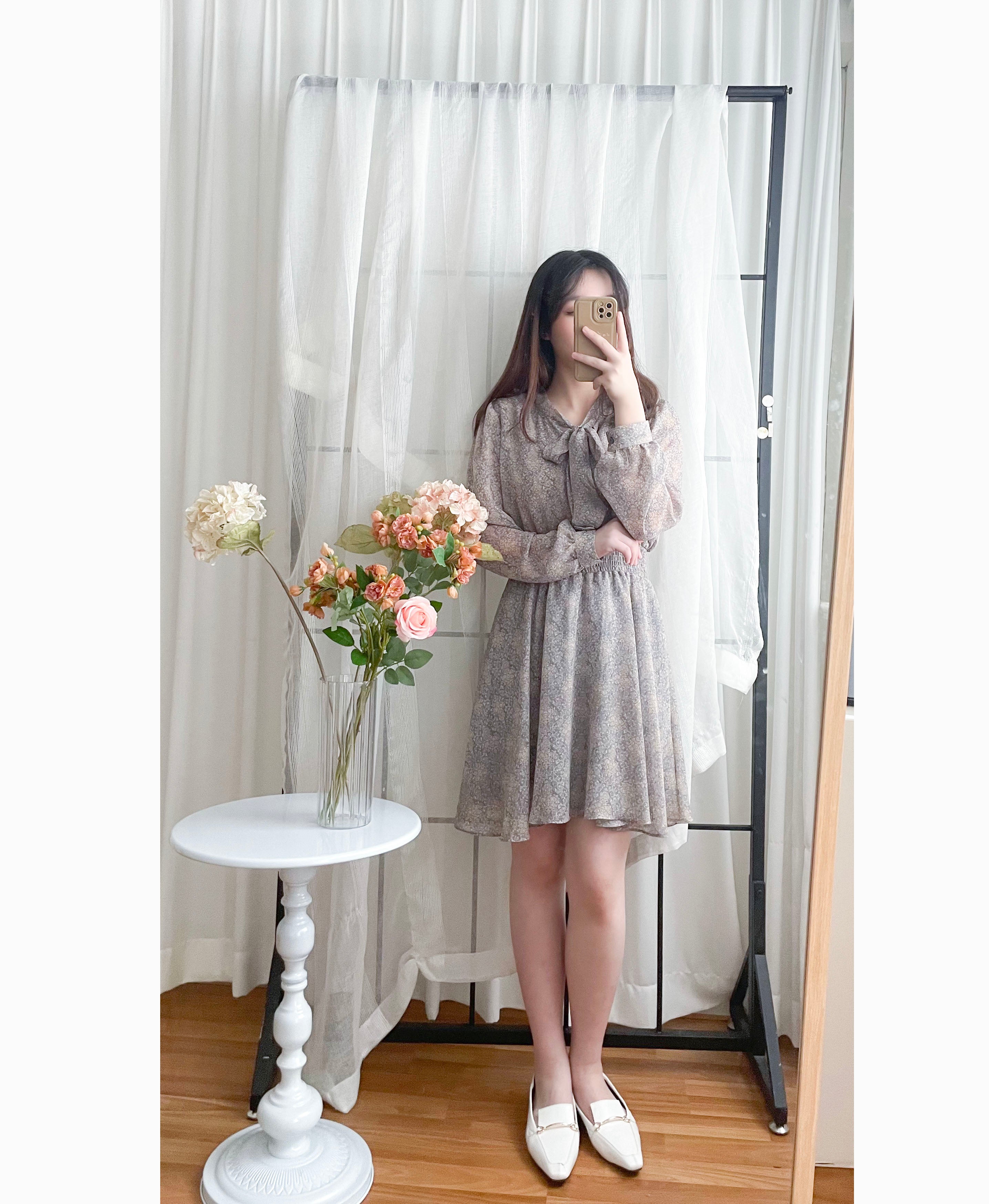 Glass Steelblue 琉璃雕刻印花灰藍氣質雪紡連身裙, Dress/ DS9348