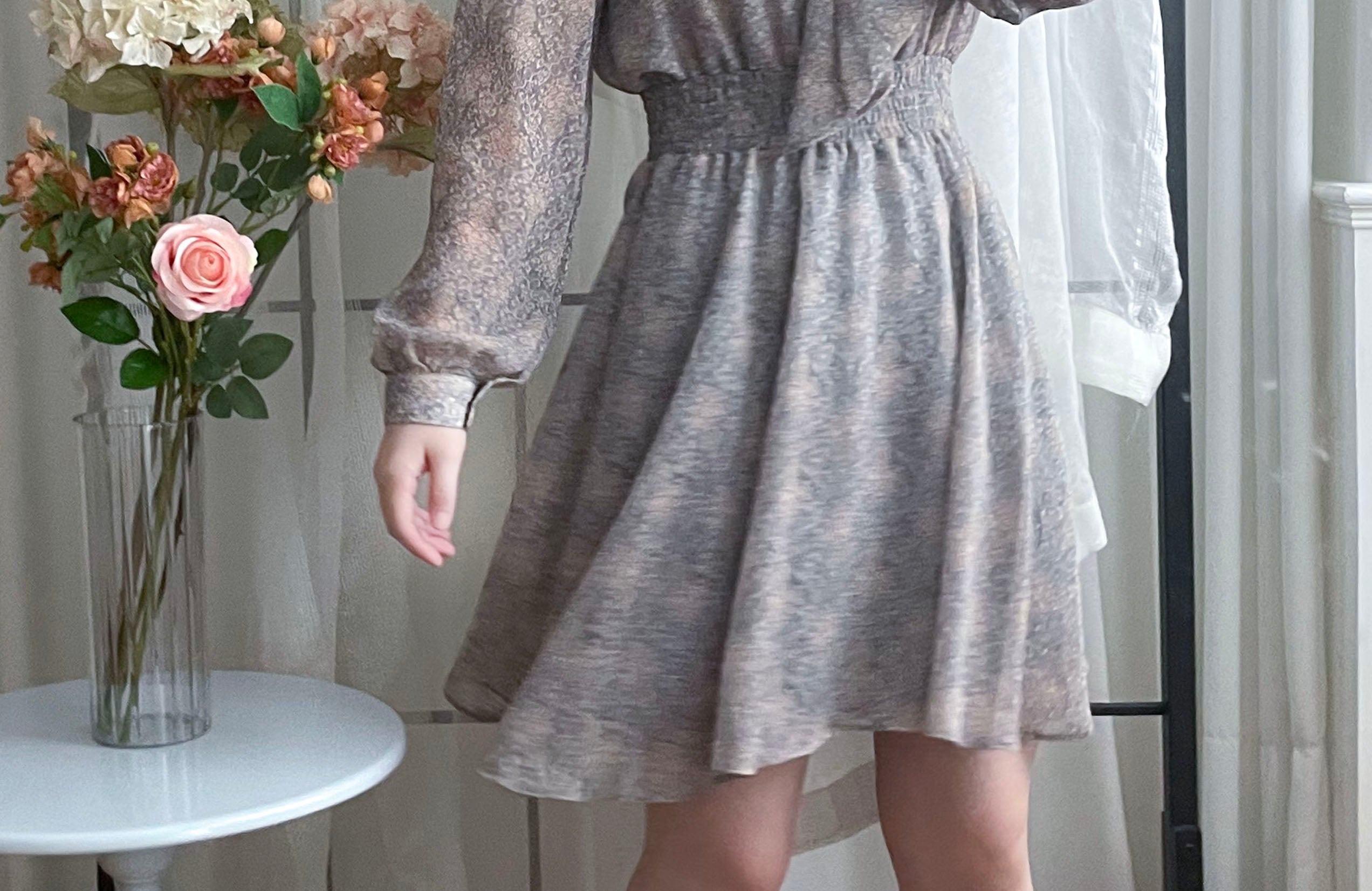 Glass Steelblue 琉璃雕刻印花灰藍氣質雪紡連身裙, Dress/ DS9348