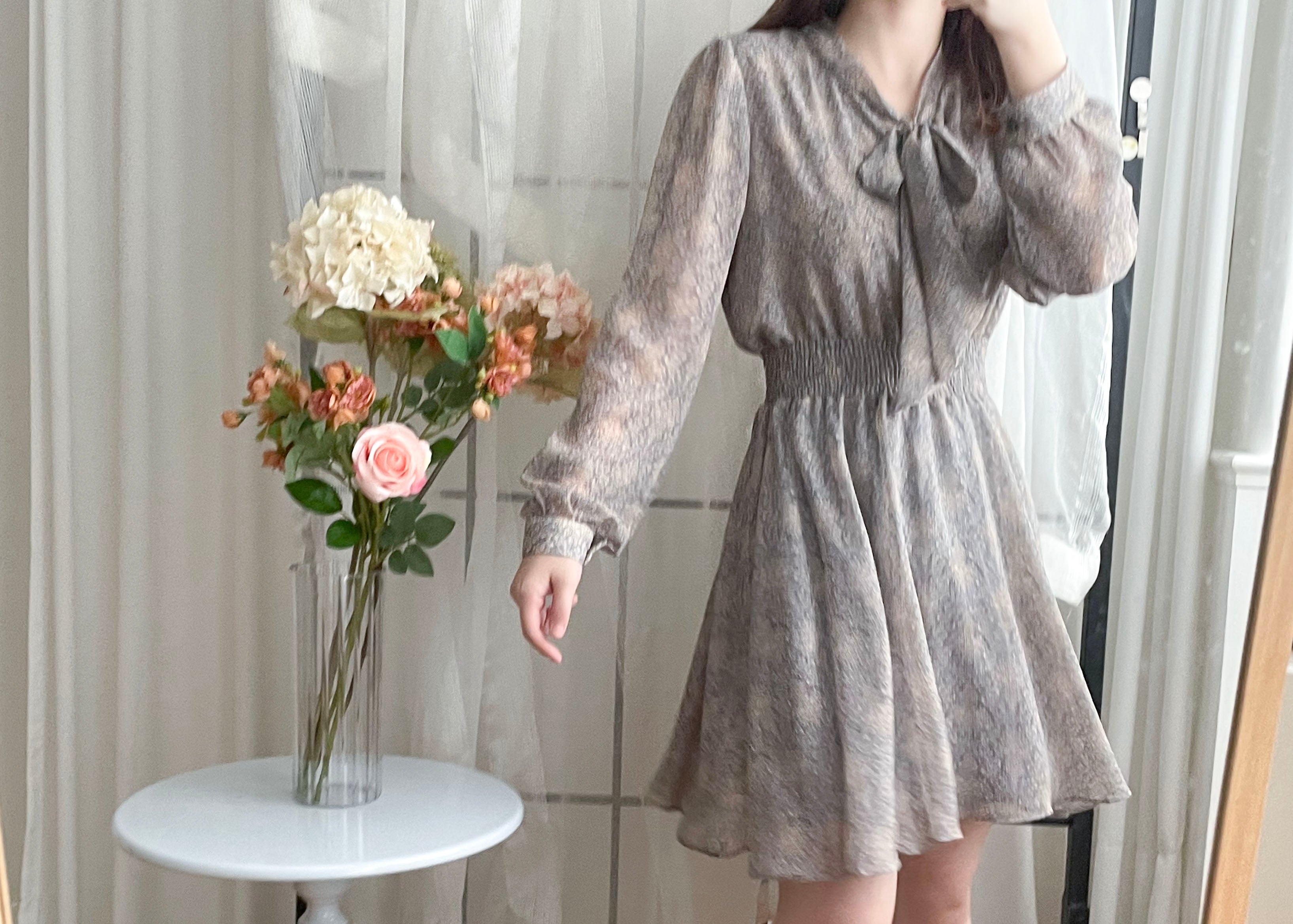 Glass Steelblue 琉璃雕刻印花灰藍氣質雪紡連身裙, Dress/ DS9348