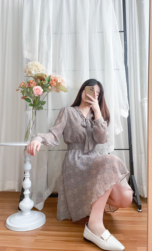Glass Steelblue 琉璃雕刻印花灰藍氣質雪紡連身裙, Dress/ DS9348