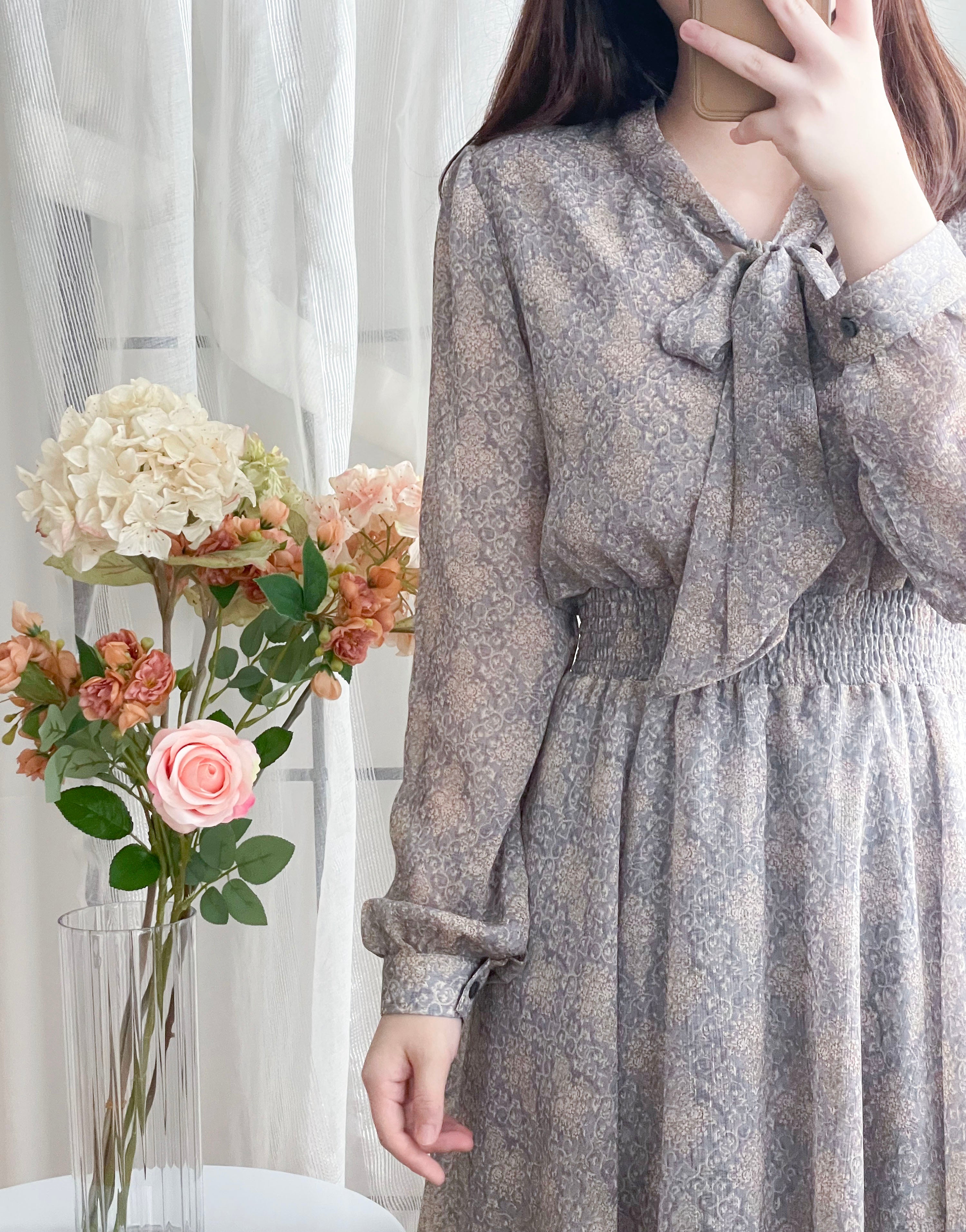 Glass Steelblue 琉璃雕刻印花灰藍氣質雪紡連身裙, Dress/ DS9348