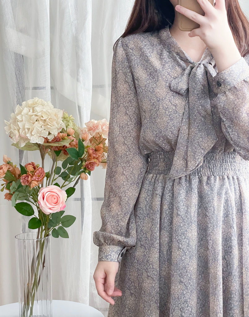 Glass Steelblue 琉璃雕刻印花灰藍氣質雪紡連身裙, Dress/ DS9348
