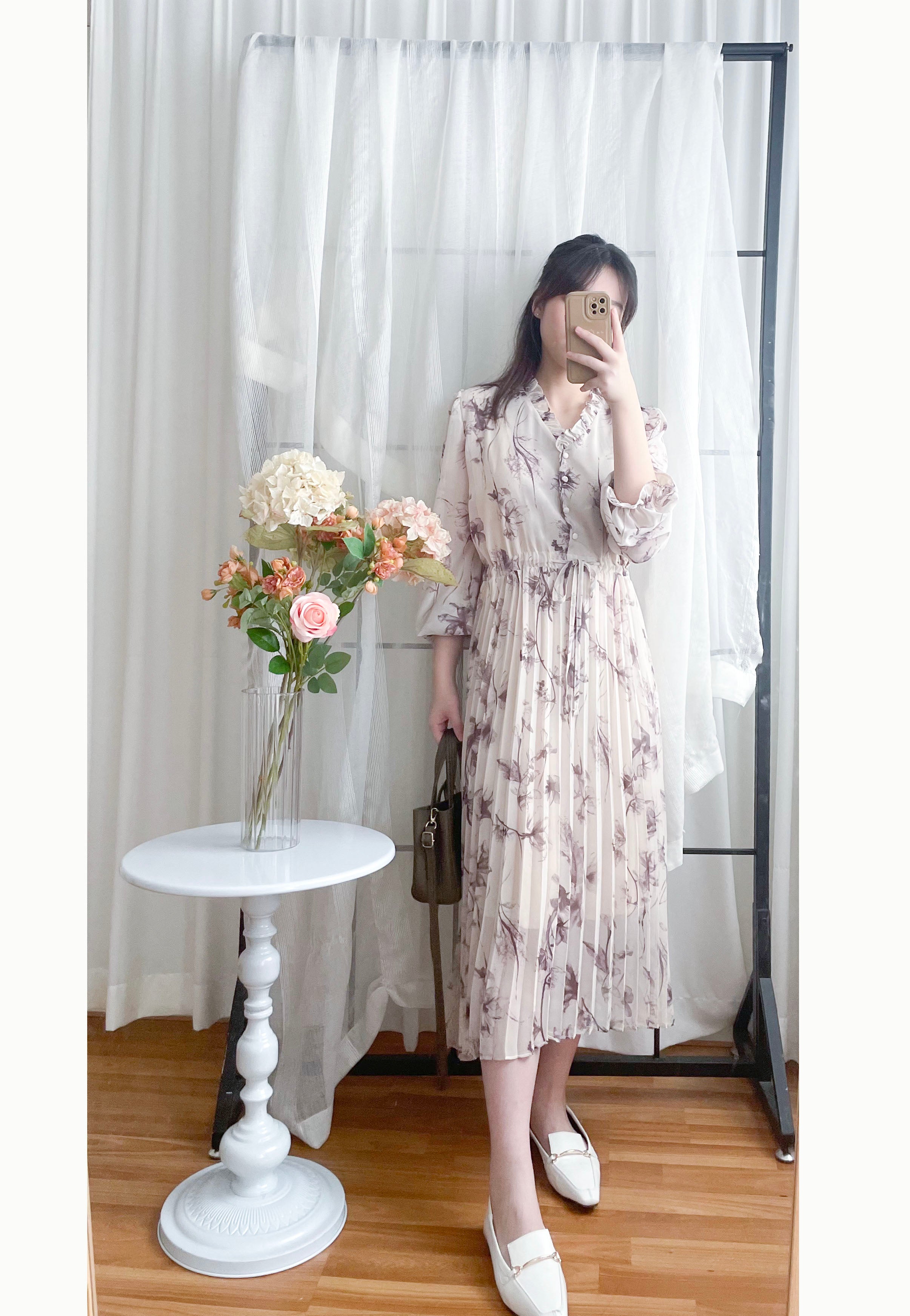 Shadow Chiffon 花邊領口影子印花百褶傘形運身裙, Dress/ DS9353