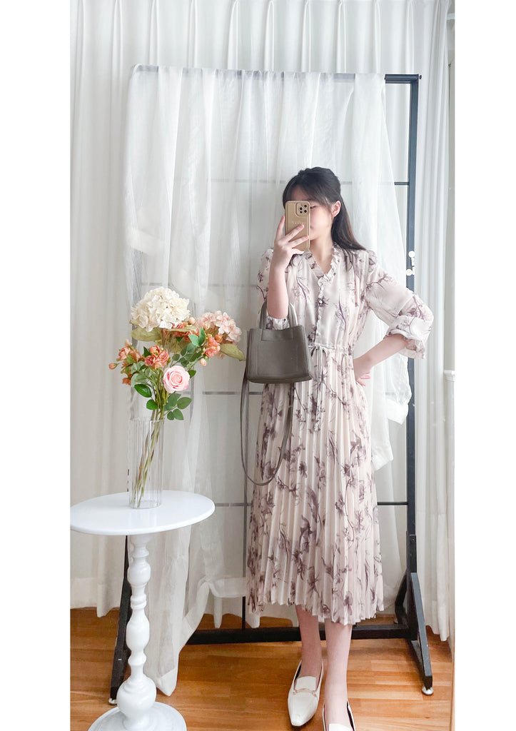 Shadow Chiffon 花邊領口影子印花百褶傘形運身裙, Dress/ DS9353