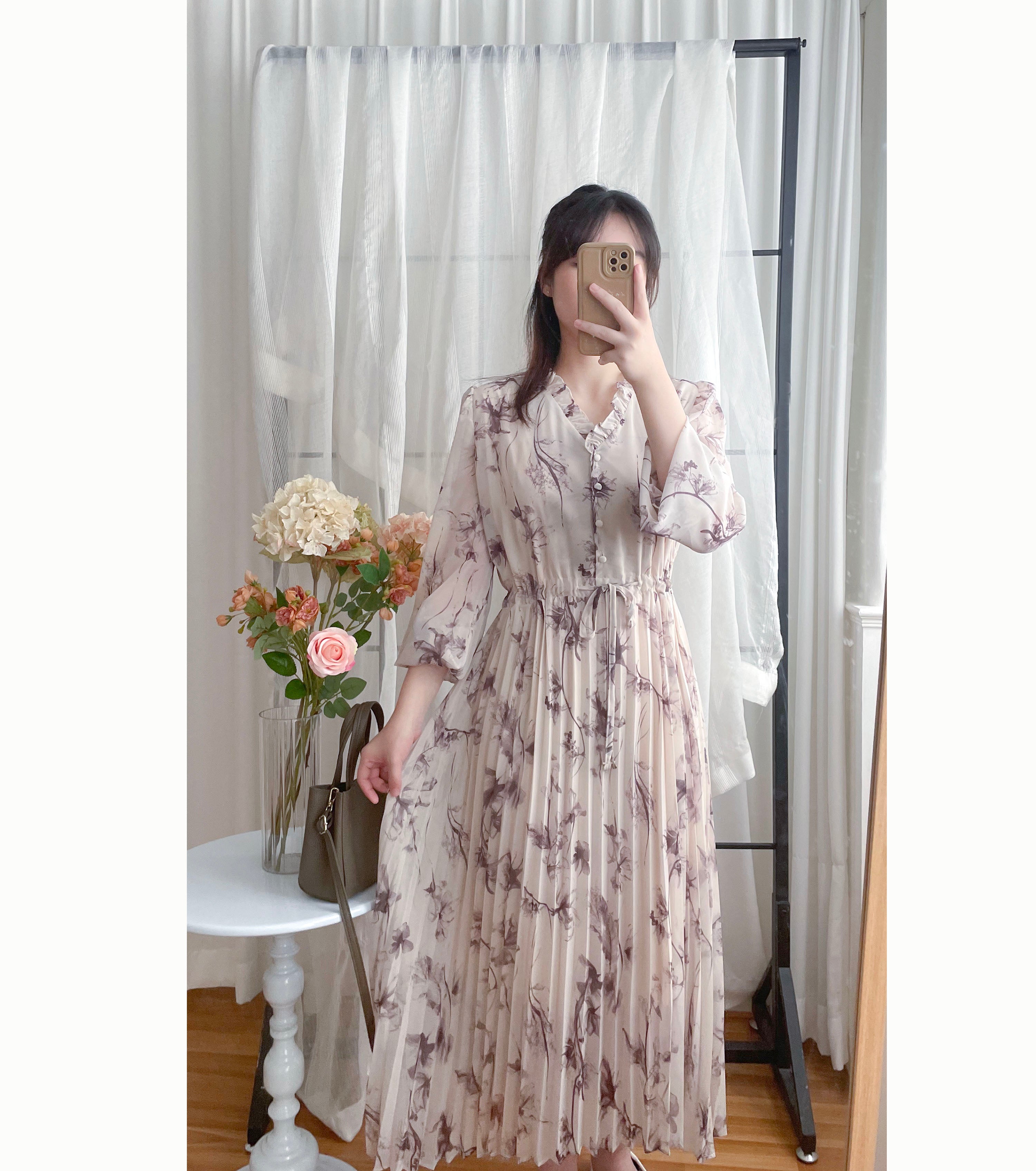 Shadow Chiffon 花邊領口影子印花百褶傘形運身裙, Dress/ DS9353