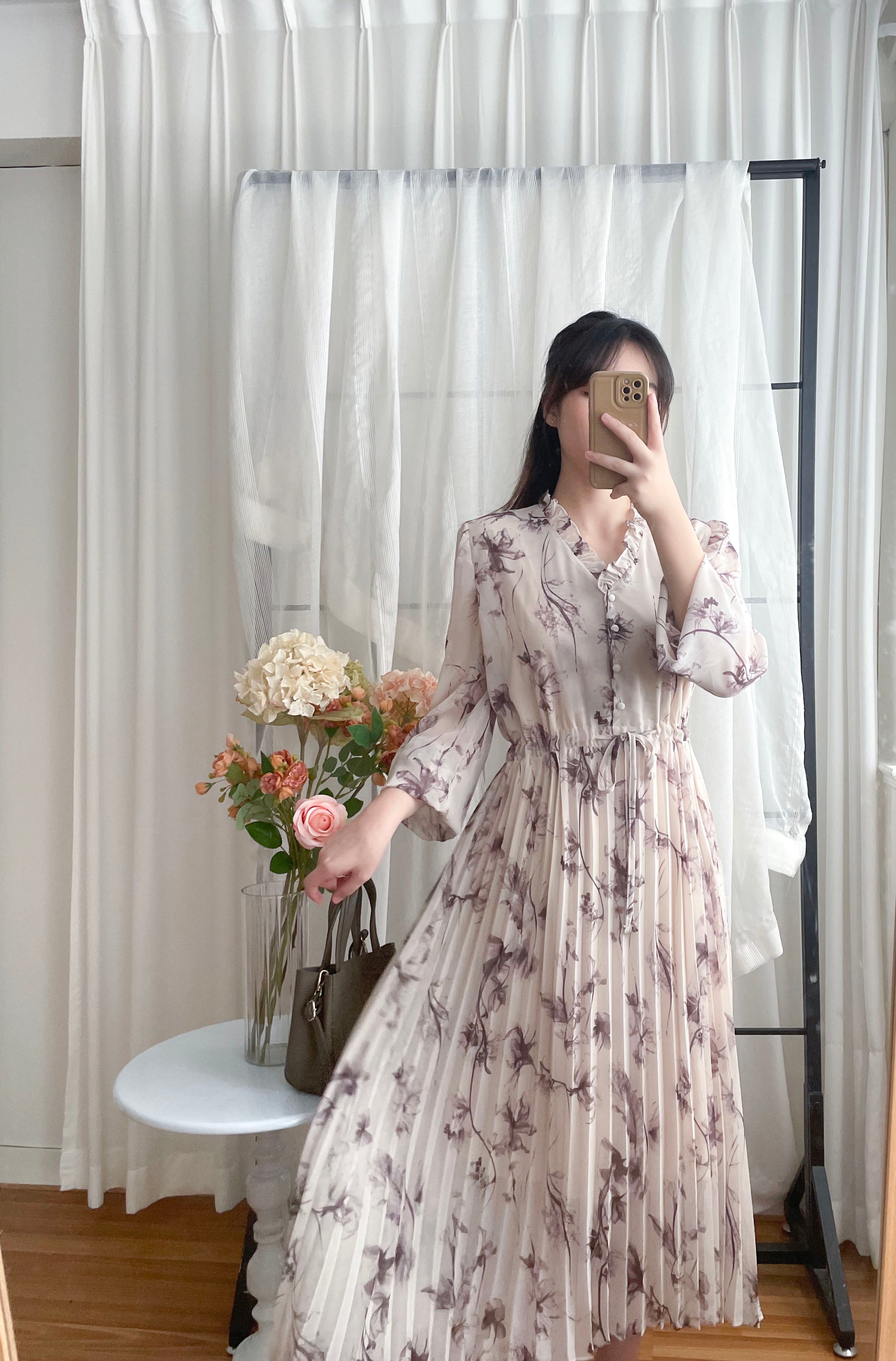 Shadow Chiffon 花邊領口影子印花百褶傘形運身裙, Dress/ DS9353