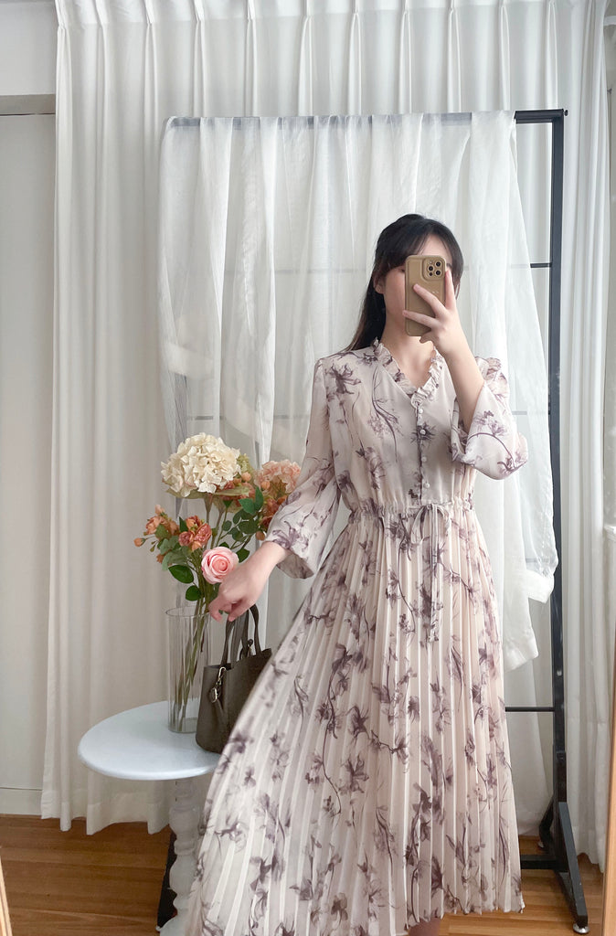 Shadow Chiffon 花邊領口影子印花百褶傘形運身裙, Dress/ DS9353
