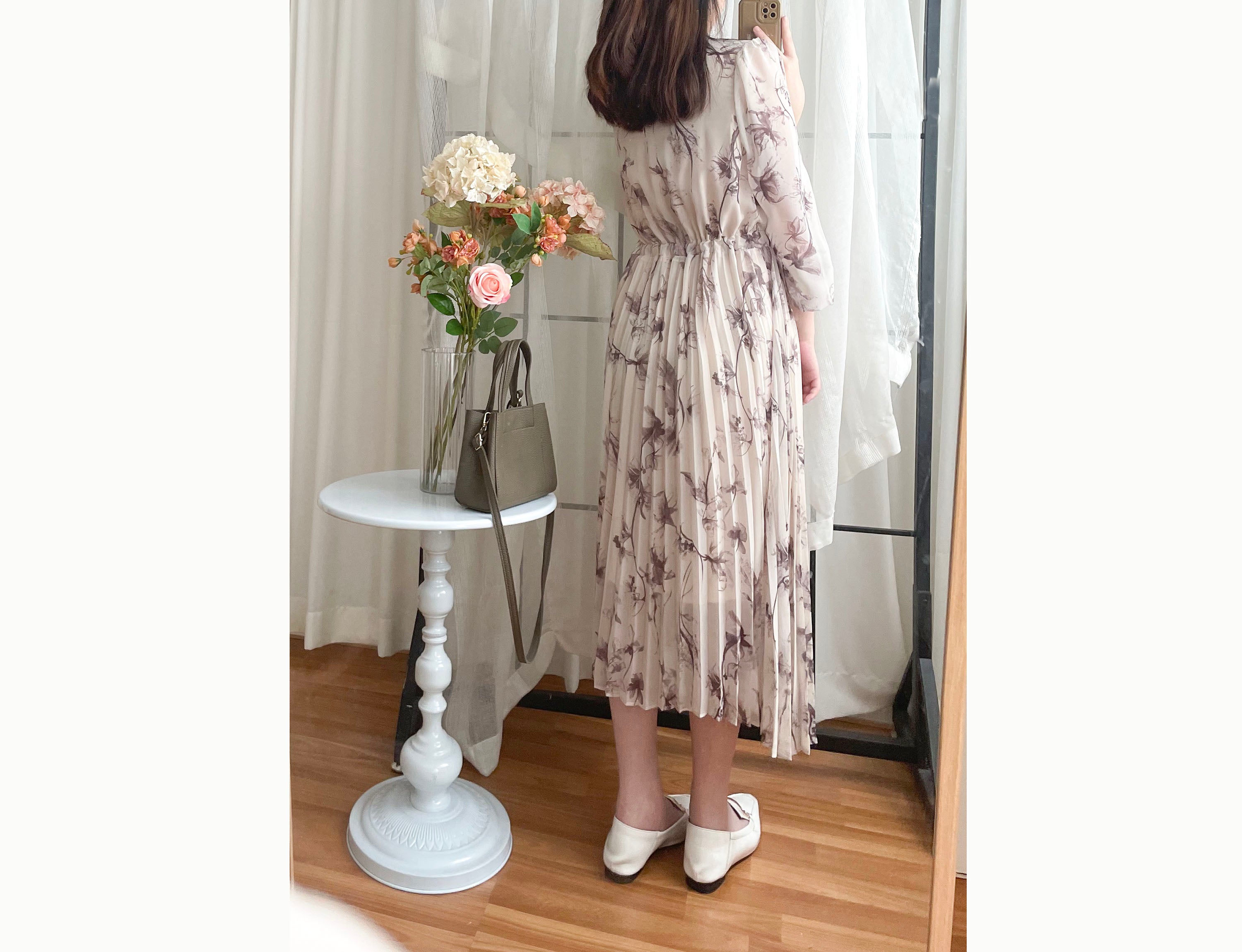 Shadow Chiffon 花邊領口影子印花百褶傘形運身裙, Dress/ DS9353