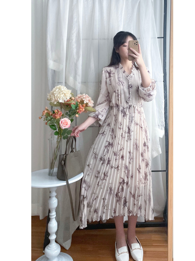 Shadow Chiffon 花邊領口影子印花百褶傘形運身裙, Dress/ DS9353