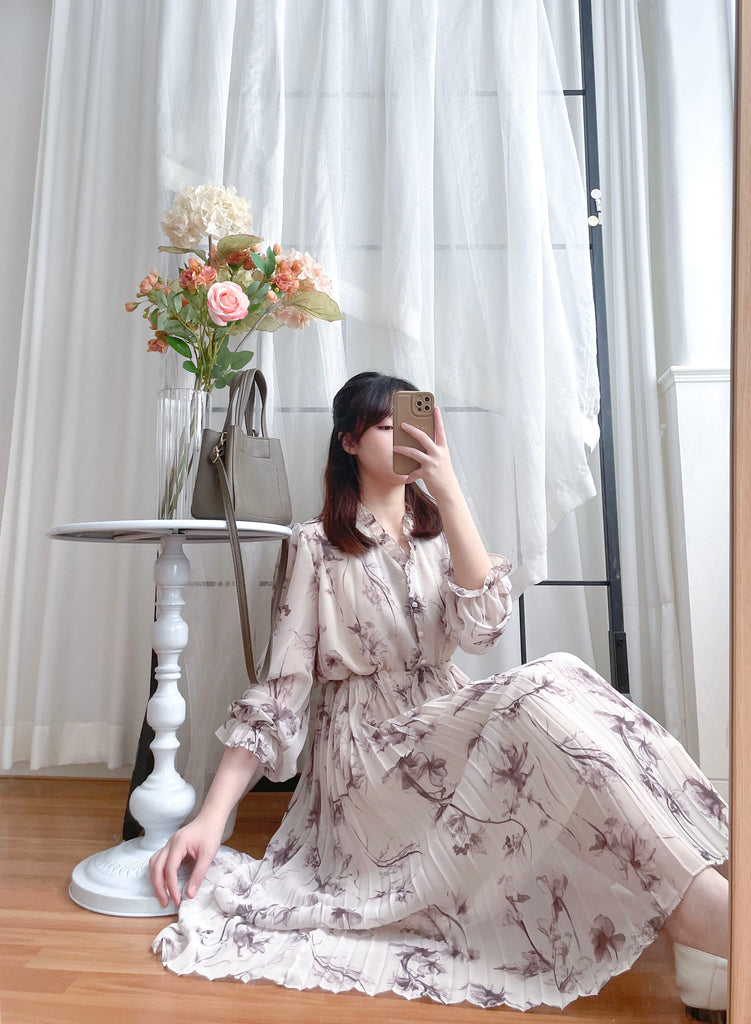 Shadow Chiffon 花邊領口影子印花百褶傘形運身裙, Dress/ DS9353
