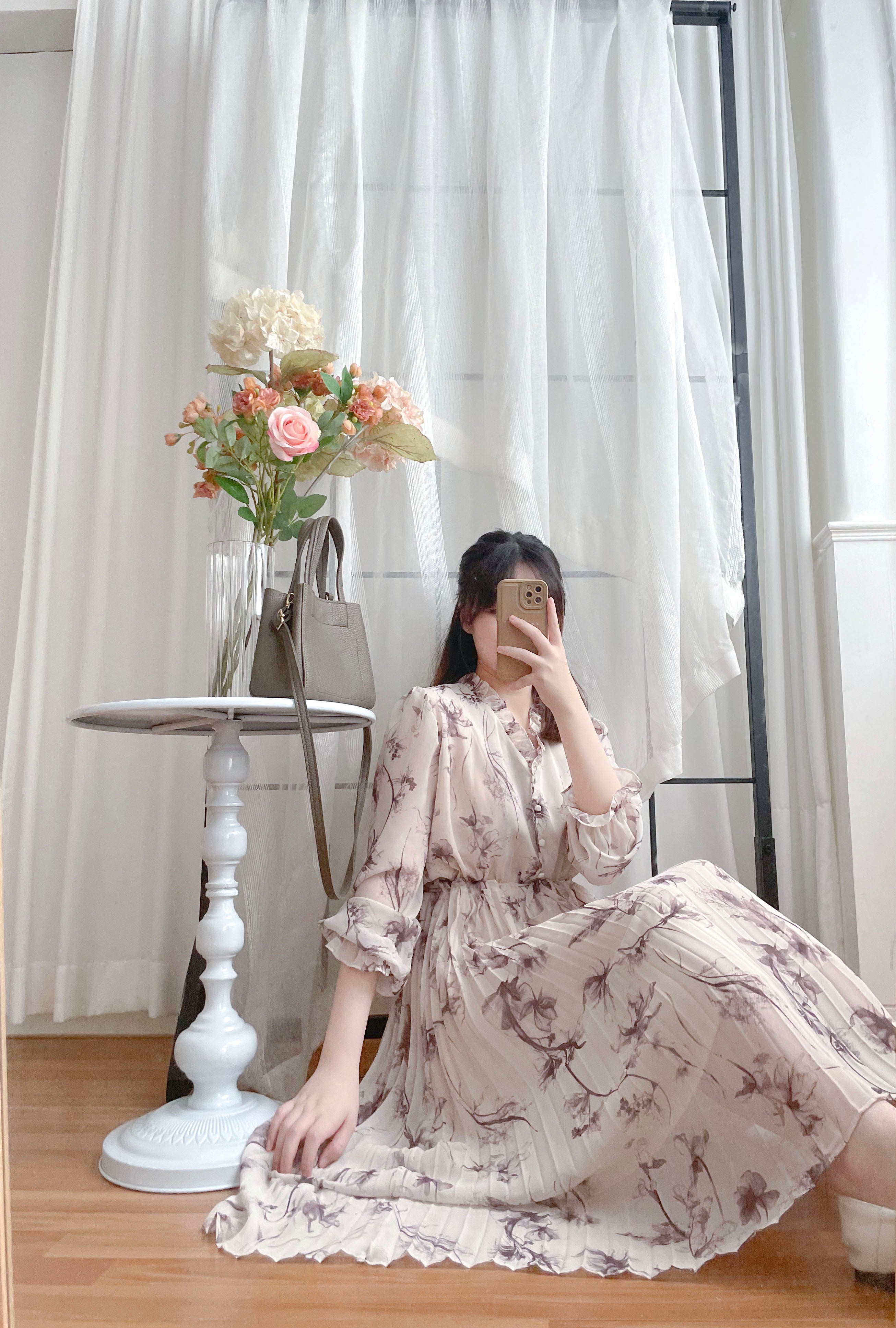 Shadow Chiffon 花邊領口影子印花百褶傘形運身裙, Dress/ DS9353