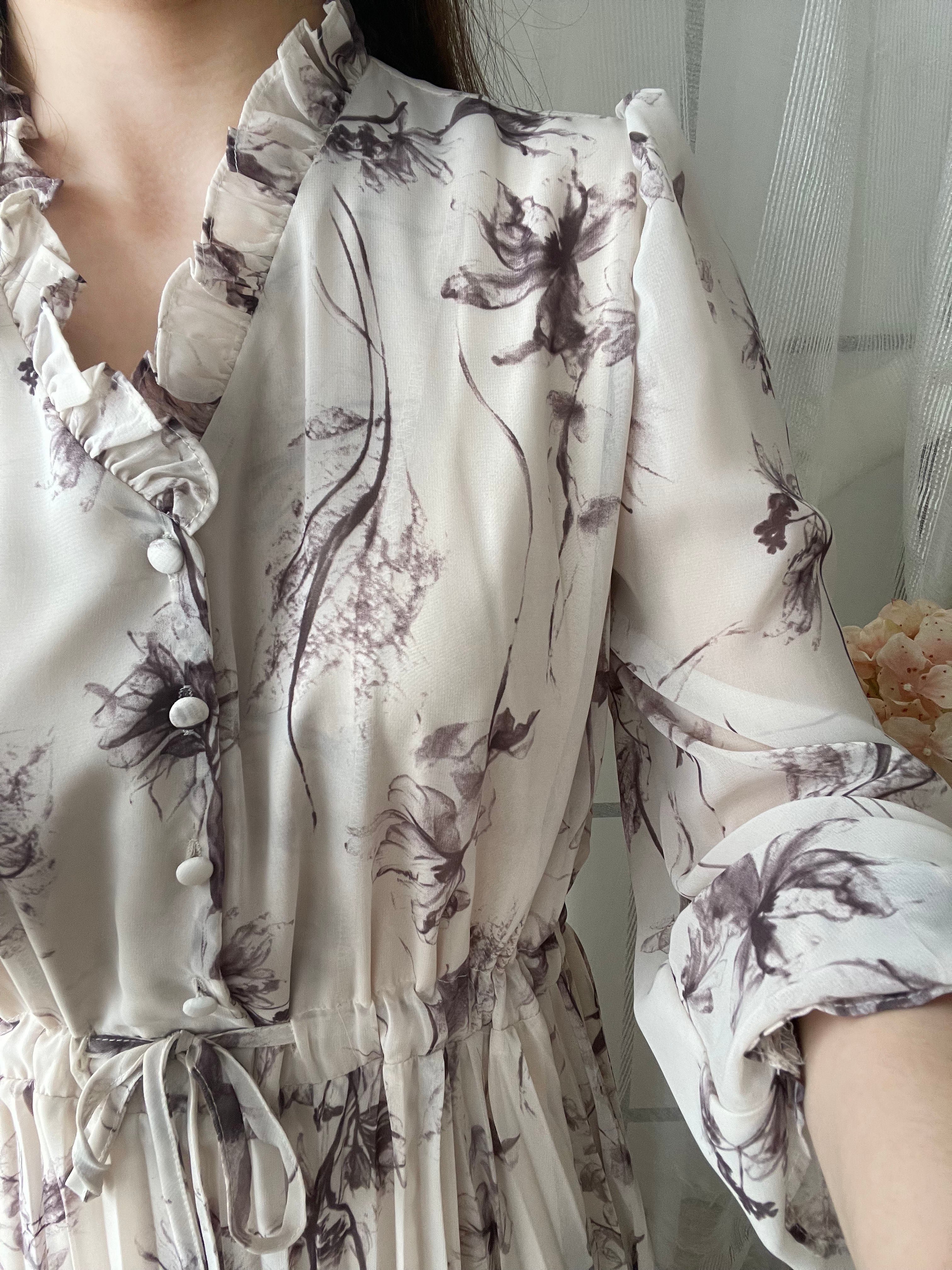 Shadow Chiffon 花邊領口影子印花百褶傘形運身裙, Dress/ DS9353
