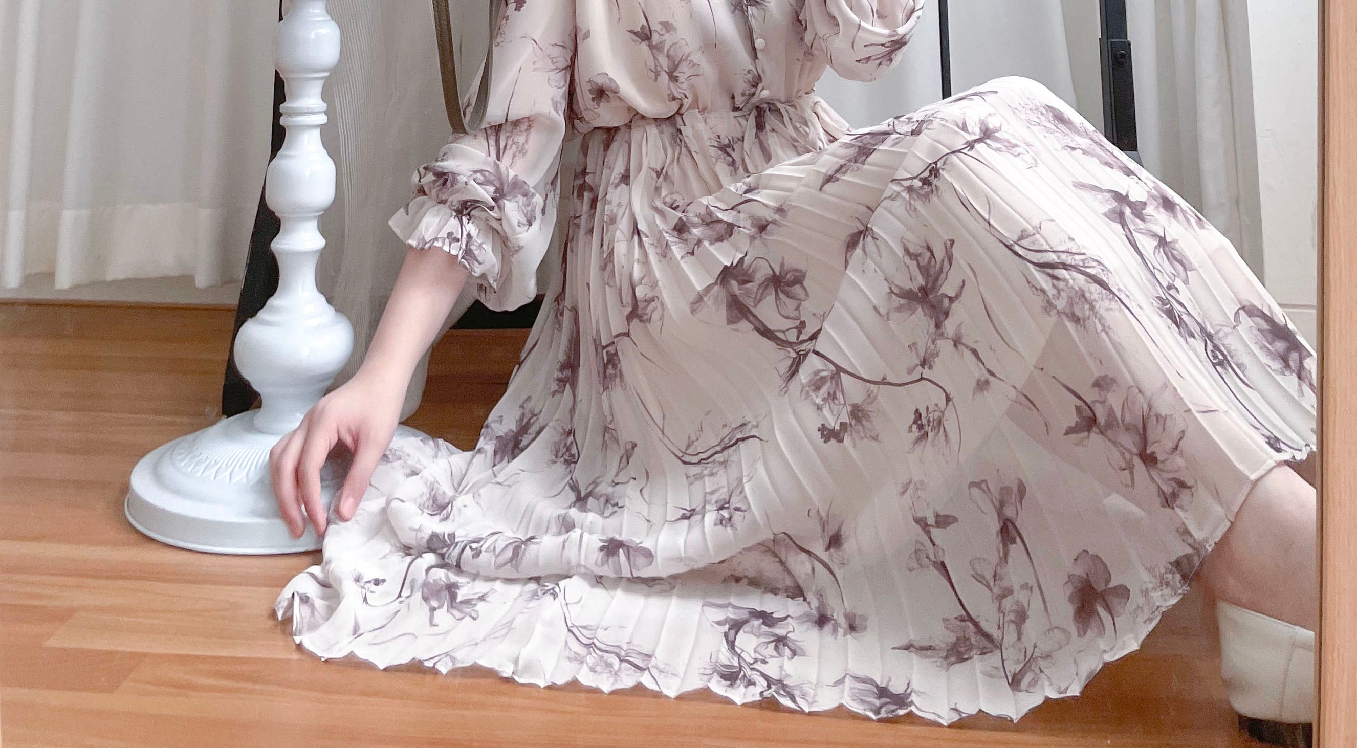 Shadow Chiffon 花邊領口影子印花百褶傘形運身裙, Dress/ DS9353