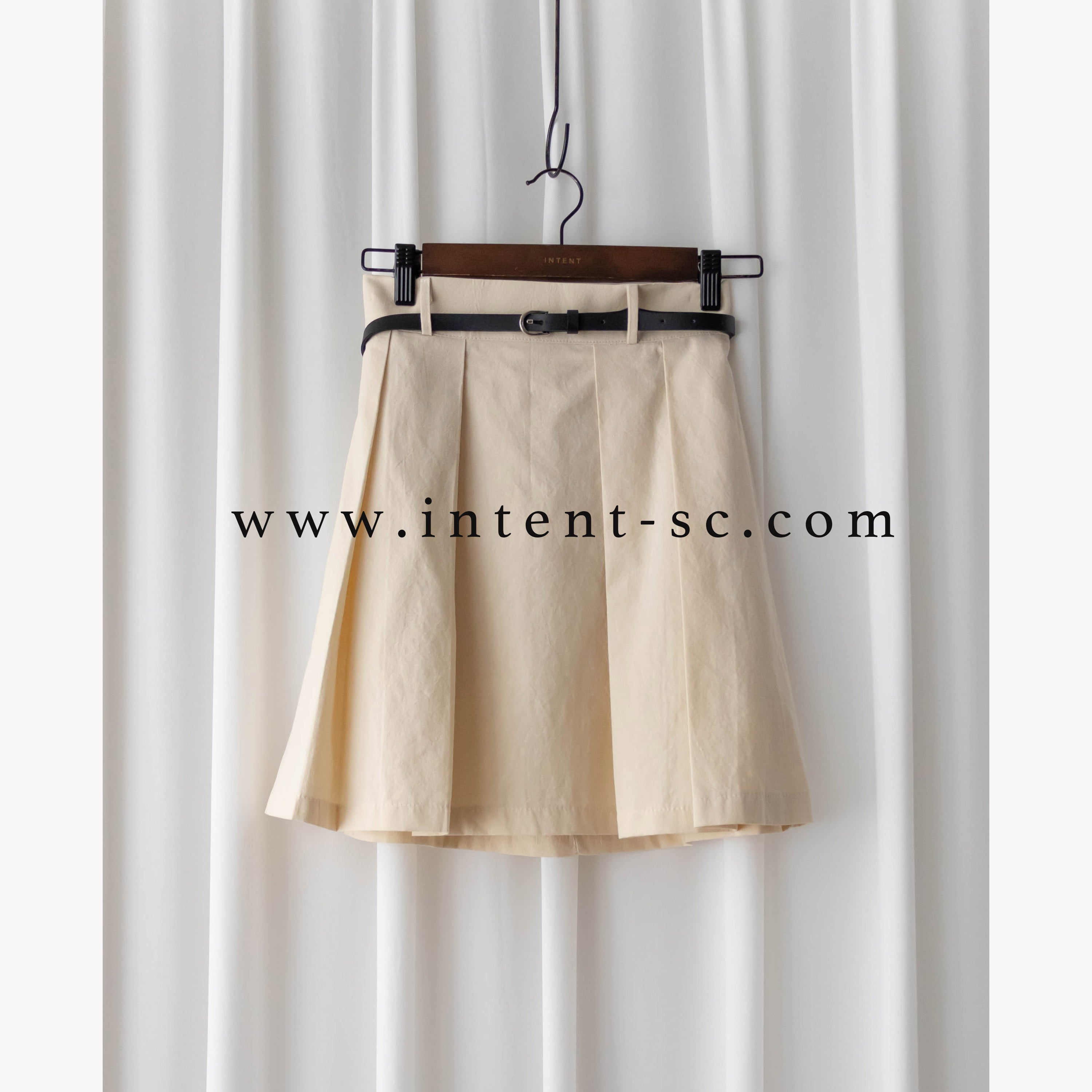 Beige Pleated 杏色腰帶後橡筋百褶修身A字裙, Skirt/ SK8723