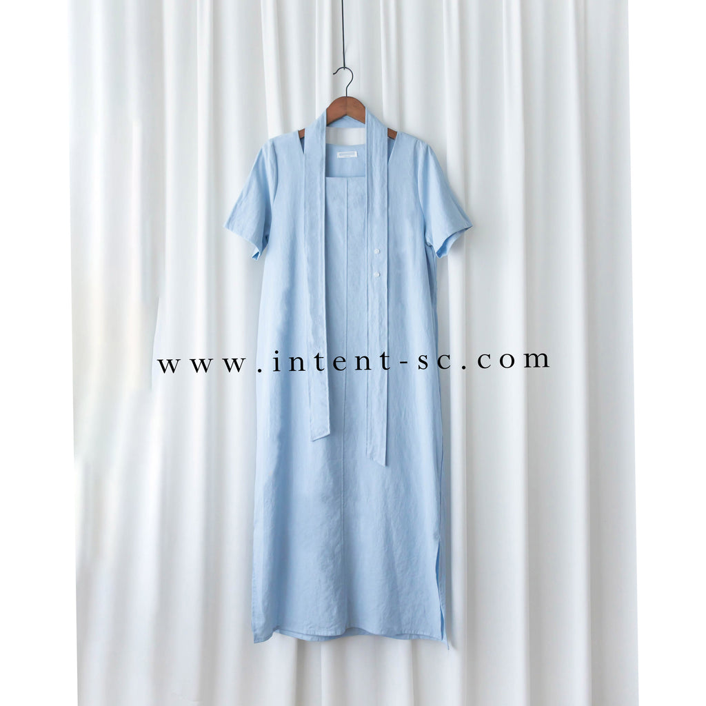 Babyblue 優雅方領直身兩戴腰帶開叉長裙, Dress/ DS9305
