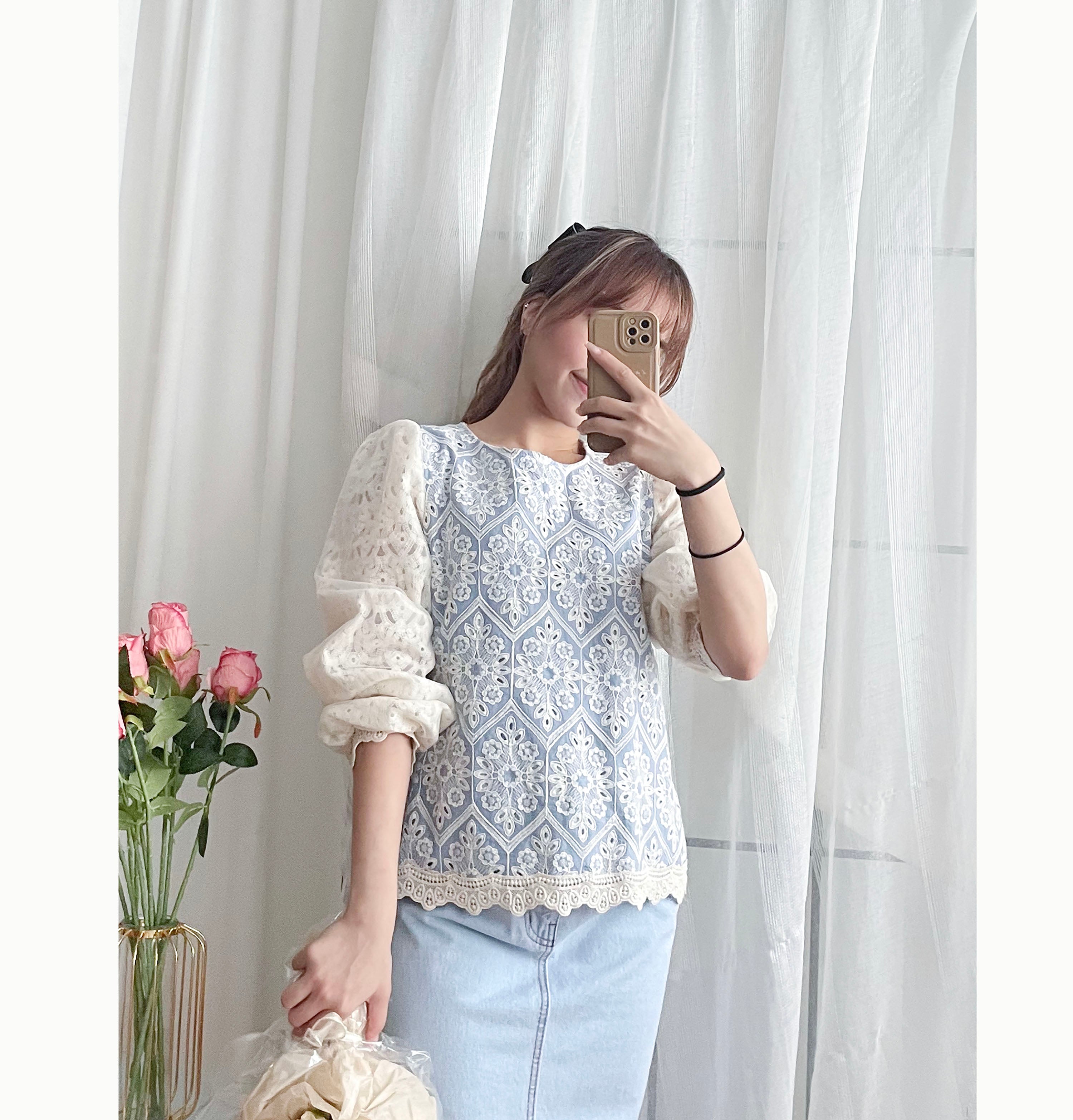 Victoria Lace 維多利亞通花包紗手袖連裡布上衣, BLOUSE/TP8919 (不設訂貨款 lightblue soldout)