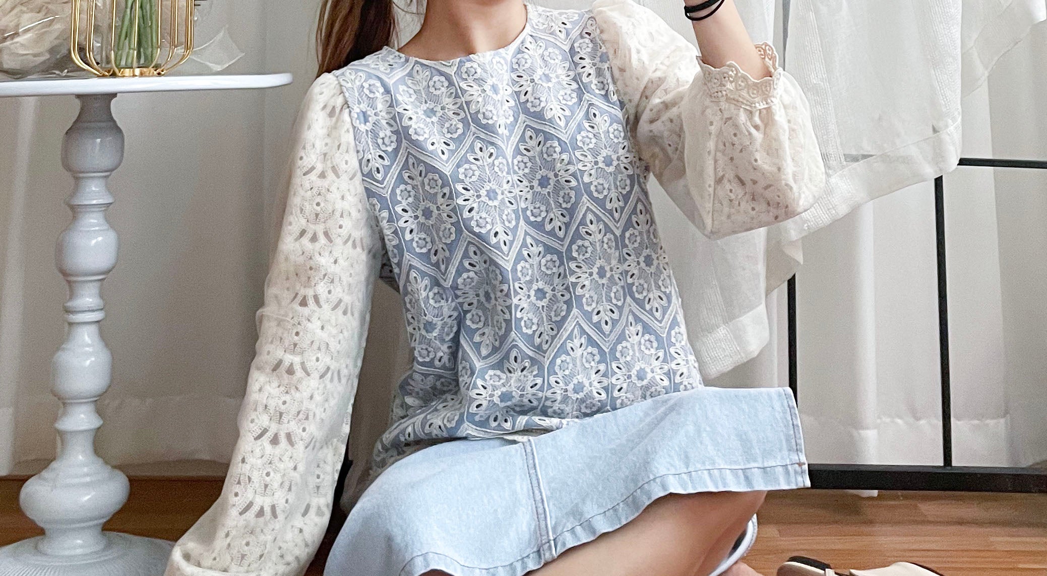 Victoria Lace 維多利亞通花包紗手袖連裡布上衣, BLOUSE/TP8919 (不設訂貨款 lightblue soldout)