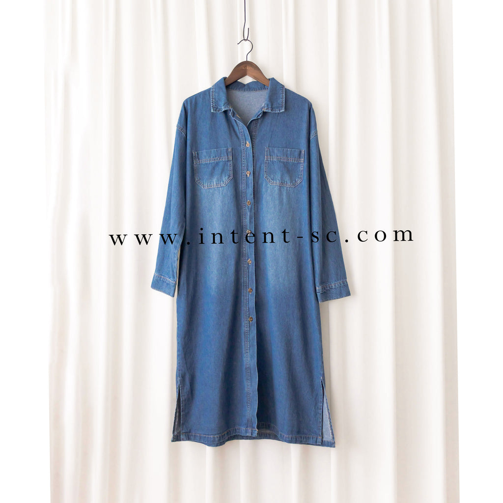 Stone Wash Denim 洗水色單排鈕口袋連身裙, Dress/ DS9310