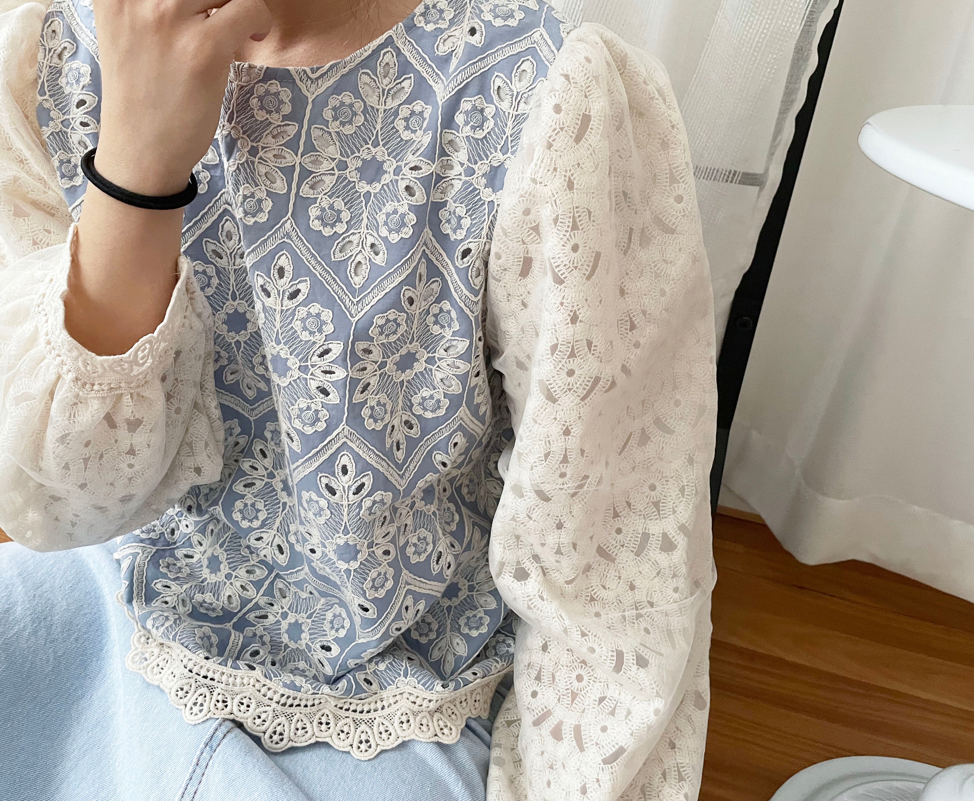 Victoria Lace 維多利亞通花包紗手袖連裡布上衣, BLOUSE/TP8919 (不設訂貨款 lightblue soldout)
