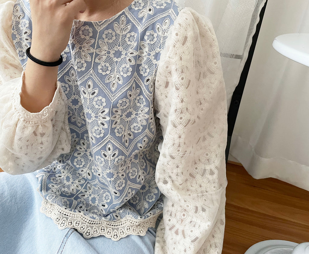Victoria Lace 維多利亞通花包紗手袖連裡布上衣, BLOUSE/TP8919 (不設訂貨款 lightblue soldout)