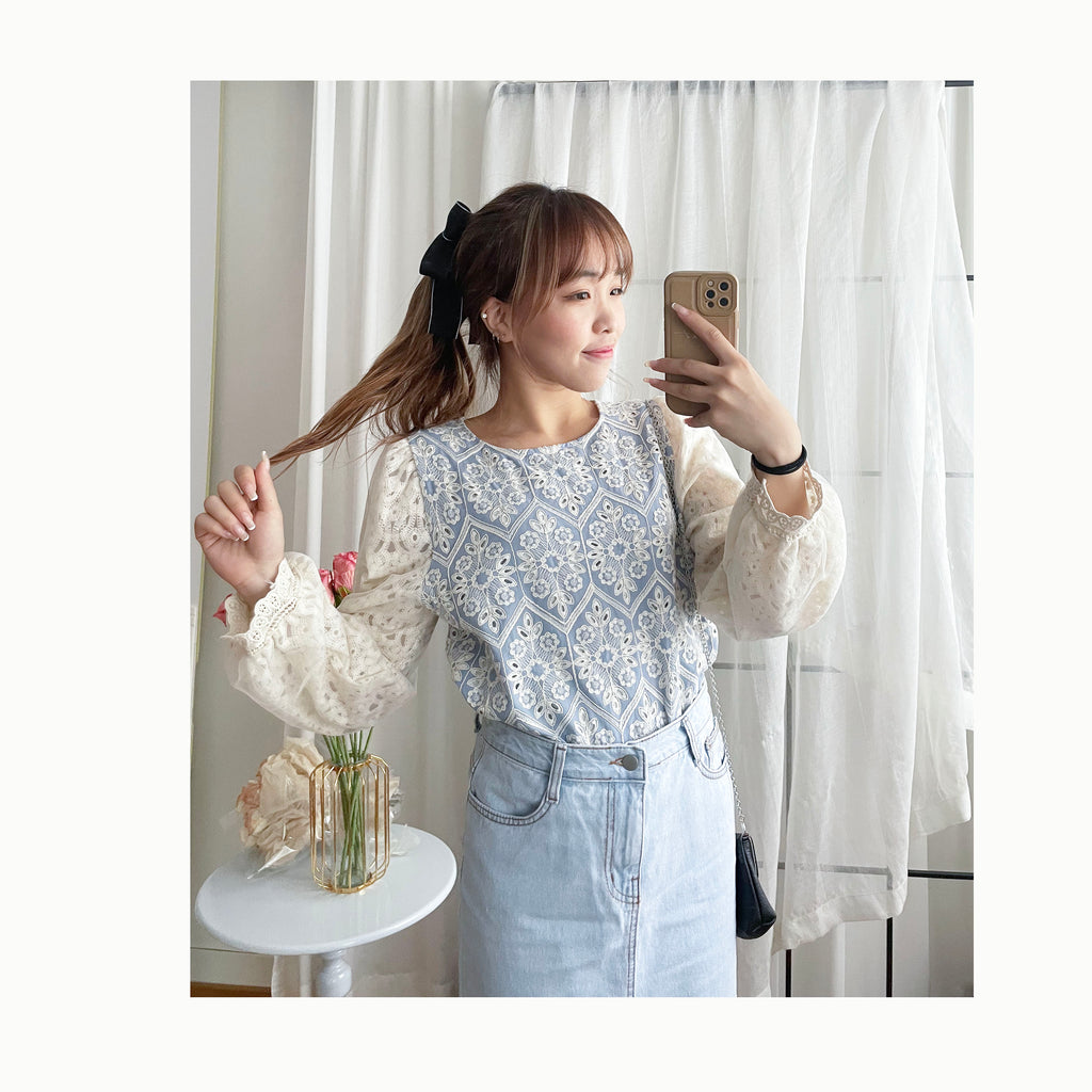 Victoria Lace 維多利亞通花包紗手袖連裡布上衣, BLOUSE/TP8919 (不設訂貨款 lightblue soldout)
